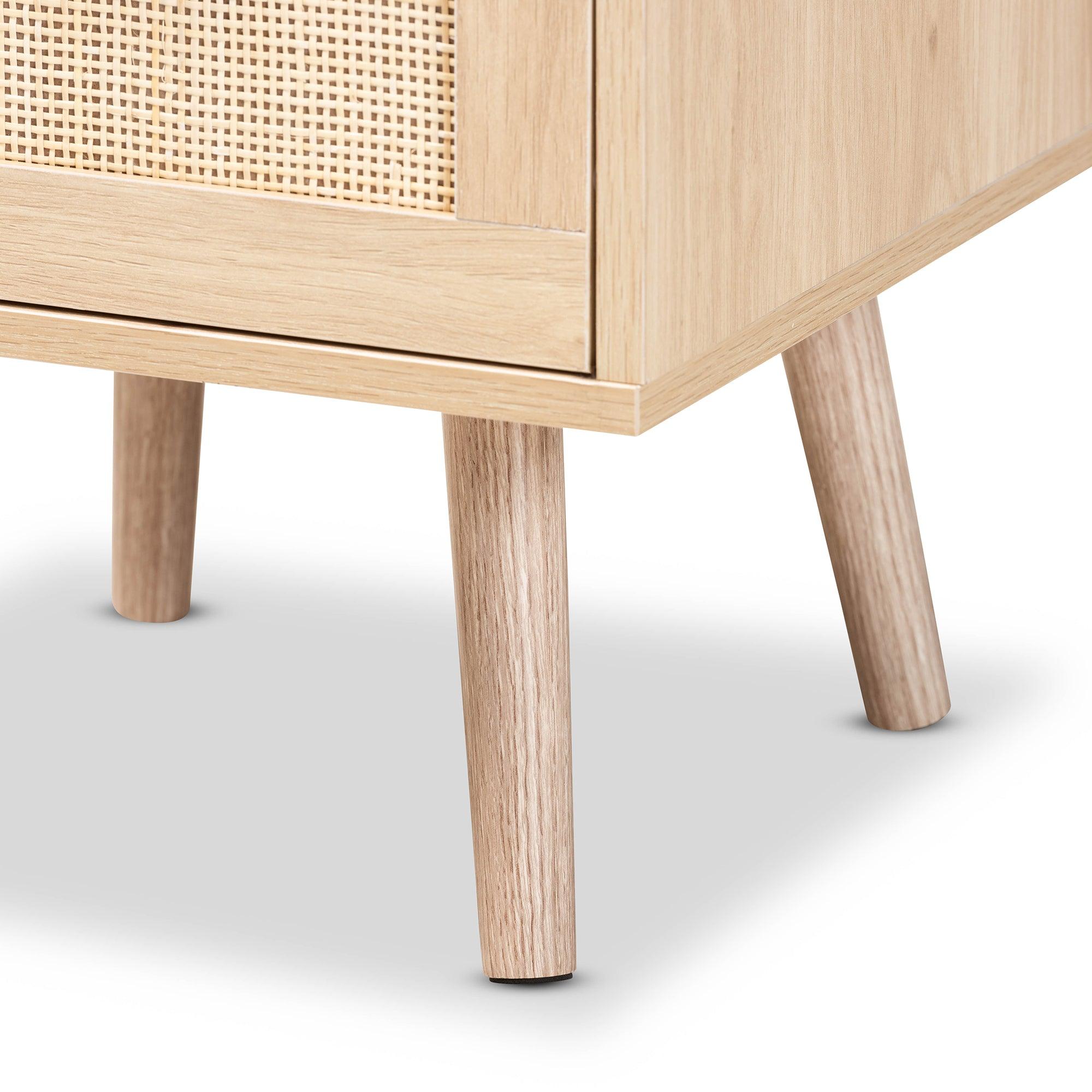Baird Mid-Century Modern Light Finished Wood and Rattan 2-Drawer End Table