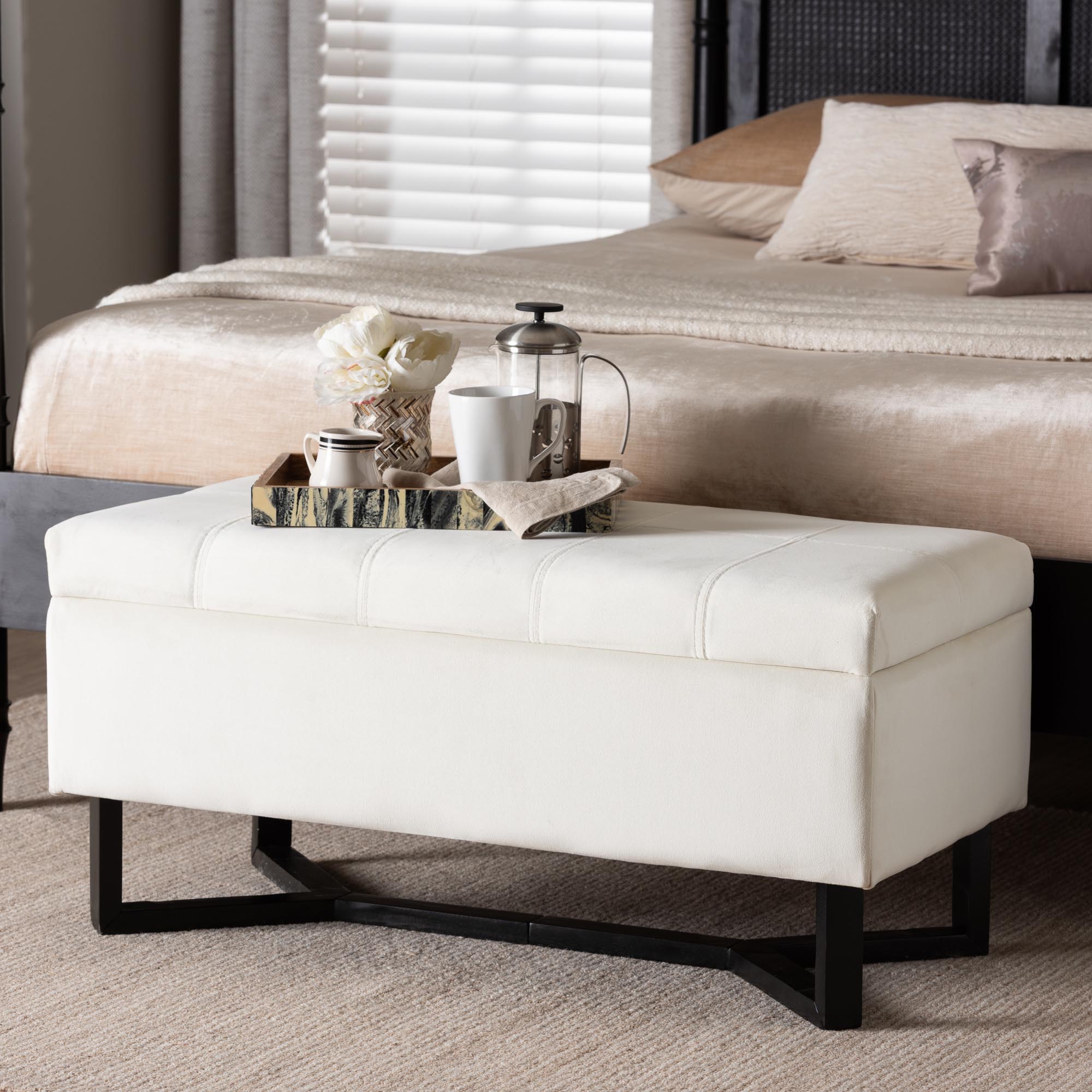 Esther Modern and Contemporary Velvet Fabric Upholstered and Finished Wood Storage Ottoman