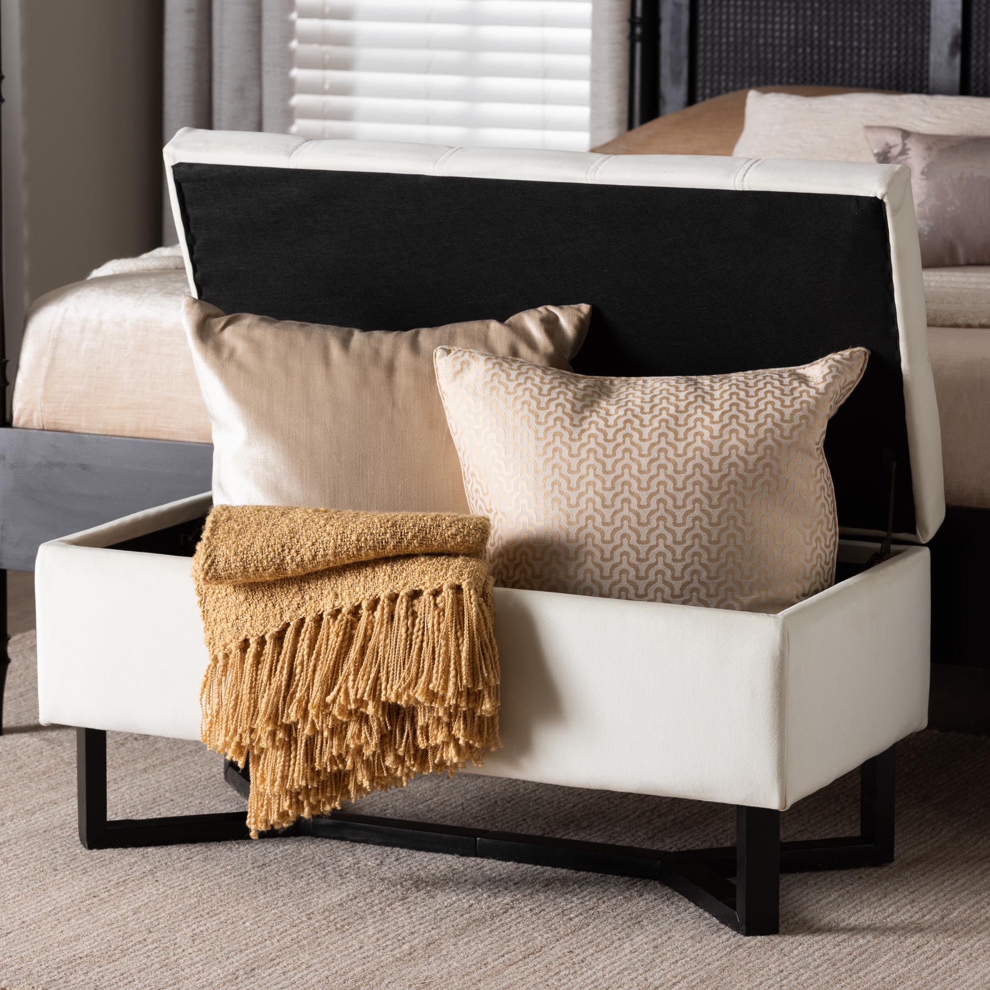 Esther Modern and Contemporary Velvet Fabric Upholstered and Finished Wood Storage Ottoman