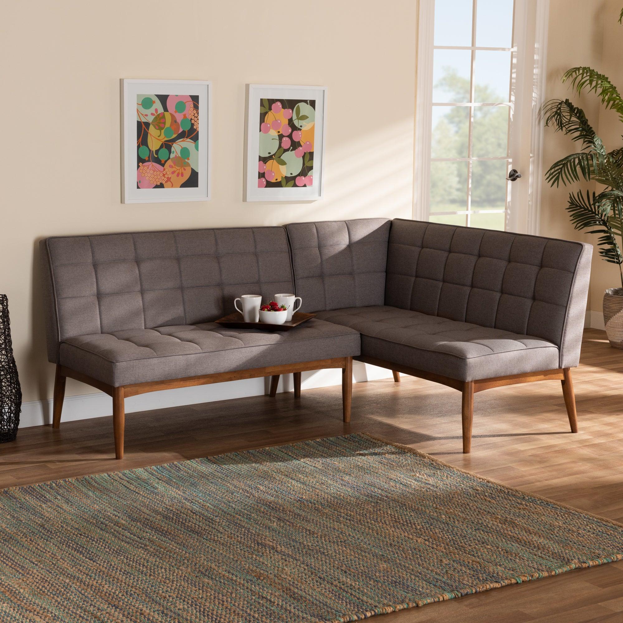 Sanford Mid-Century Modern Fabric Upholstered and Finished Wood 2-Piece Dining Nook Banquette Set