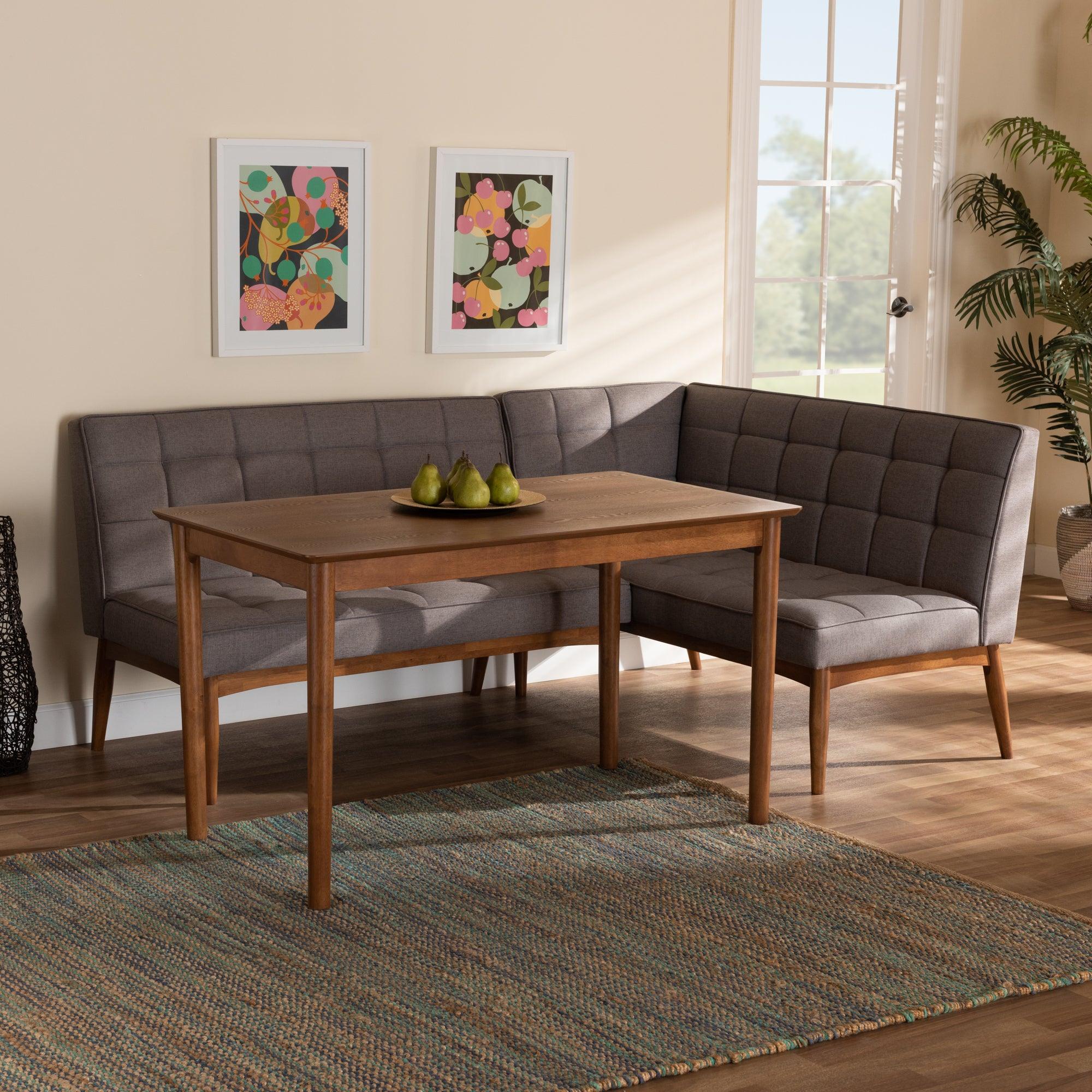 Sanford Mid-Century Modern Fabric Upholstered and Finished Wood 3-Piece Dining Nook Set