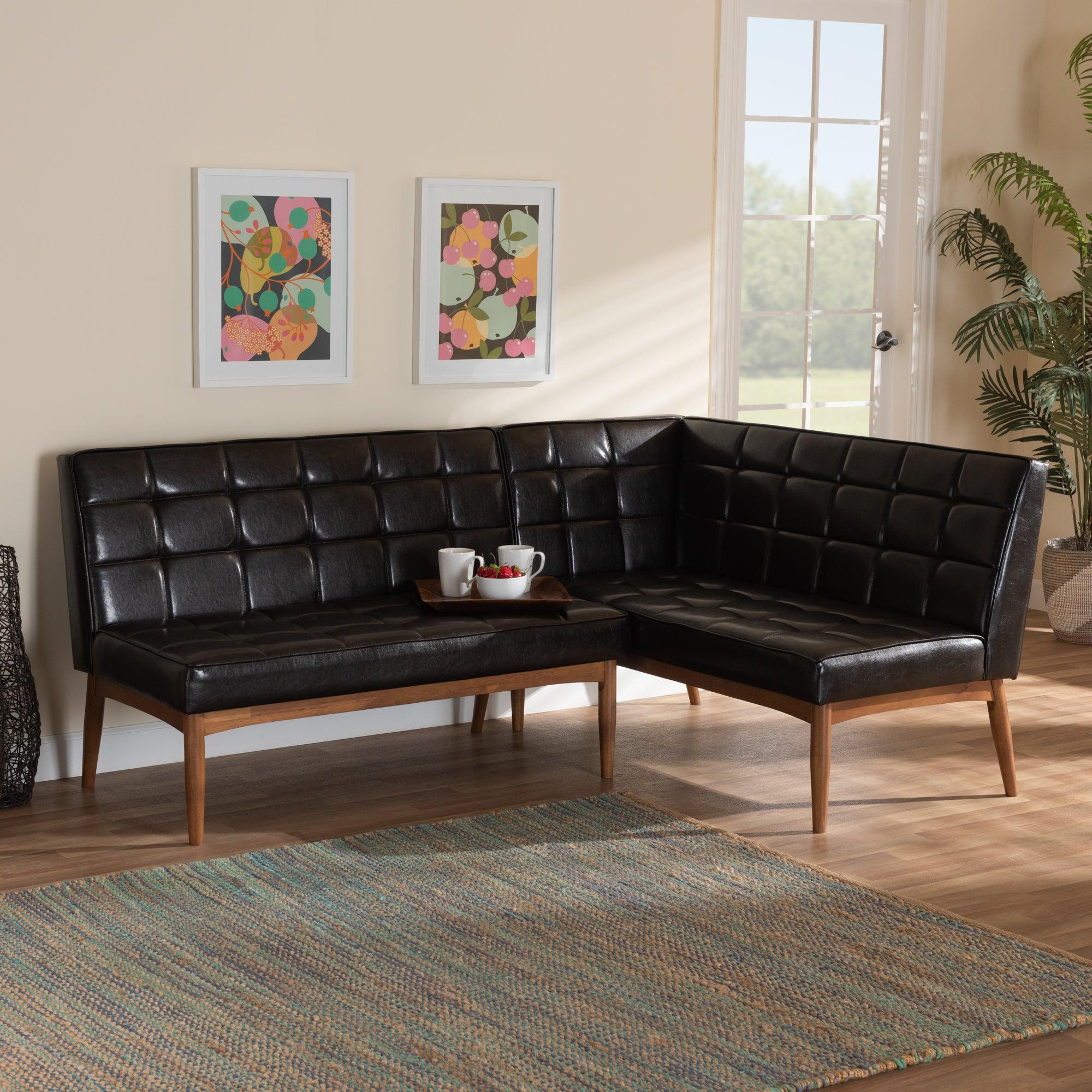 Sanford Mid-Century Modern Faux Leather Upholstered and Finished Wood 2-Piece Dining Nook Banquette Set