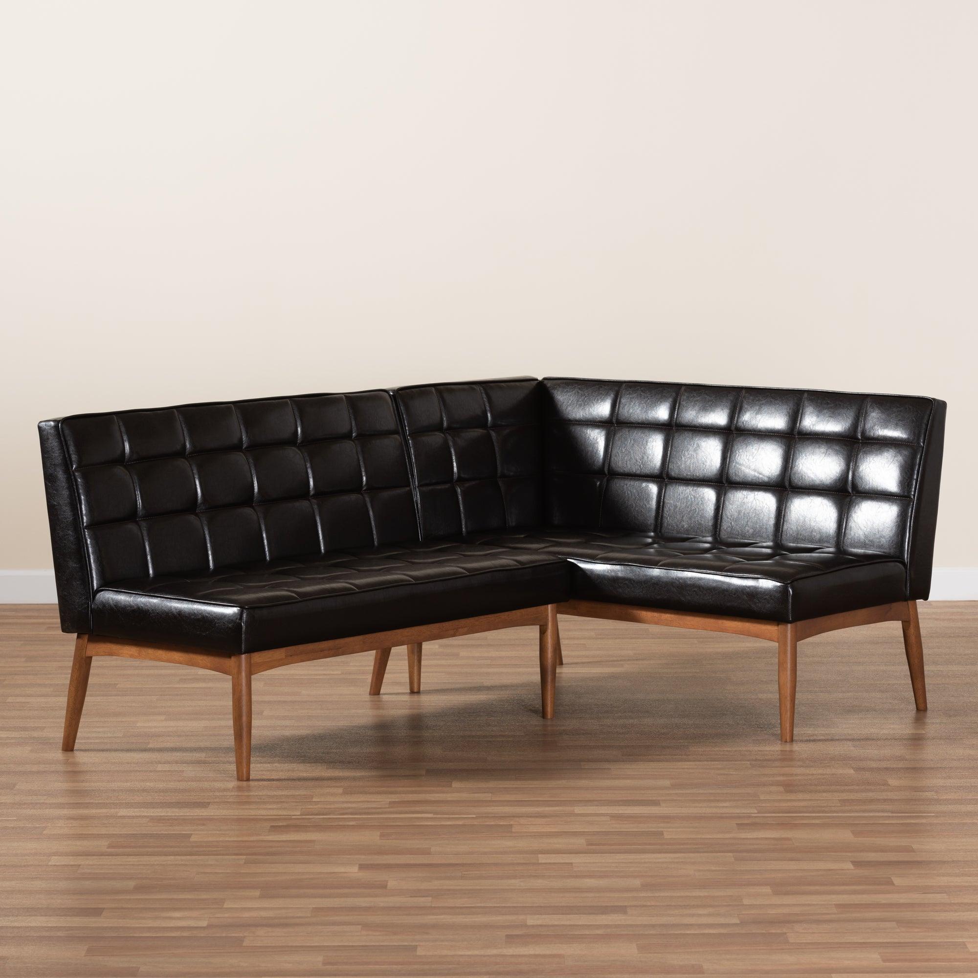 Sanford Mid-Century Modern Faux Leather Upholstered and Finished Wood 2-Piece Dining Nook Banquette Set