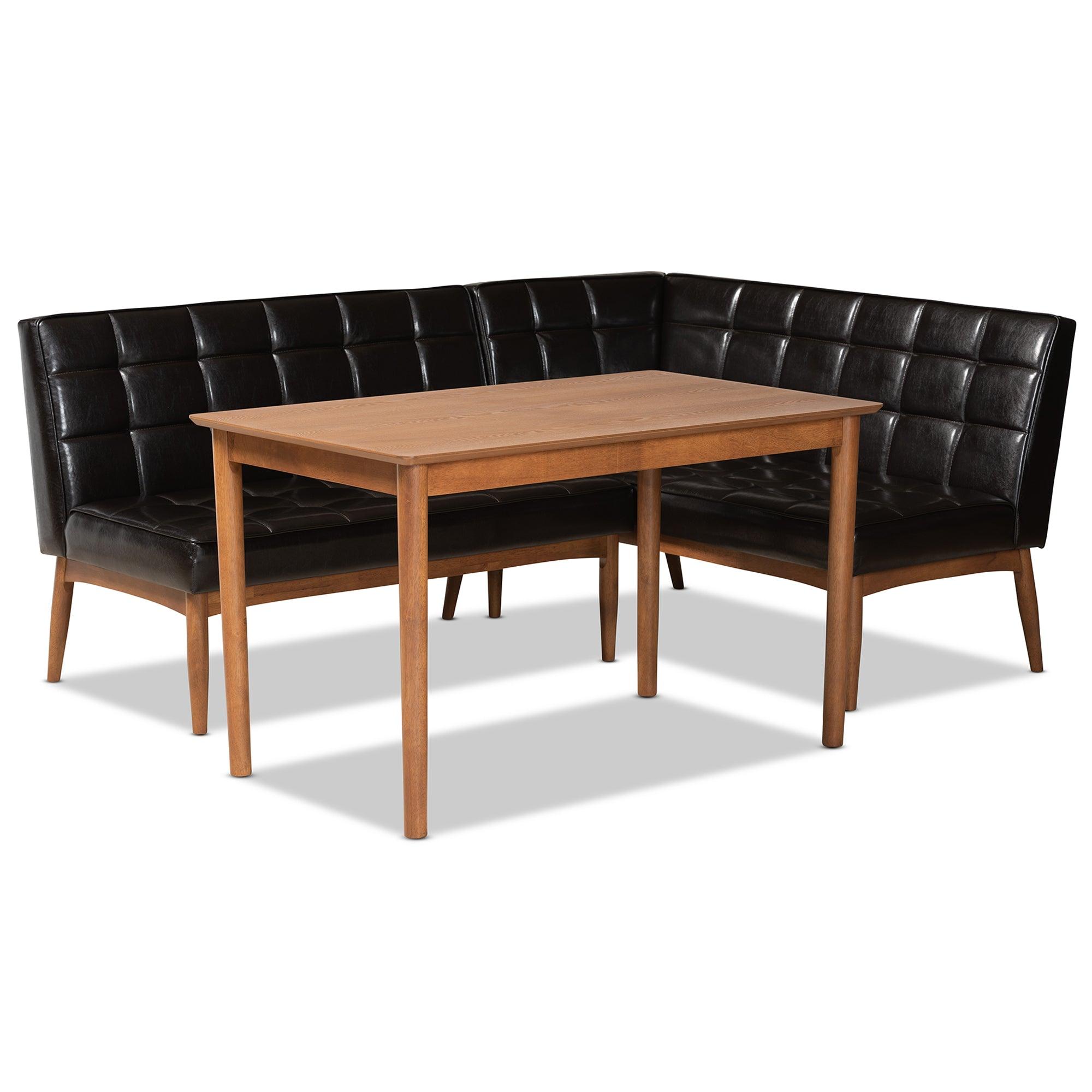 Sanford Mid-Century Modern Faux Leather Upholstered and Finished Wood 3-Piece Dining Nook Set