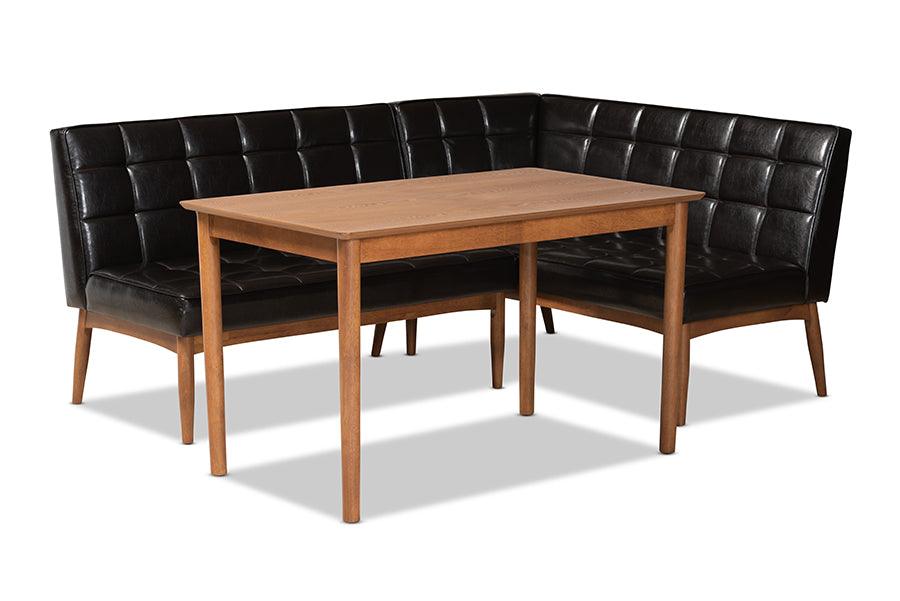 Sanford Mid-Century Modern Faux Leather Upholstered and Finished Wood 3-Piece Dining Nook Set