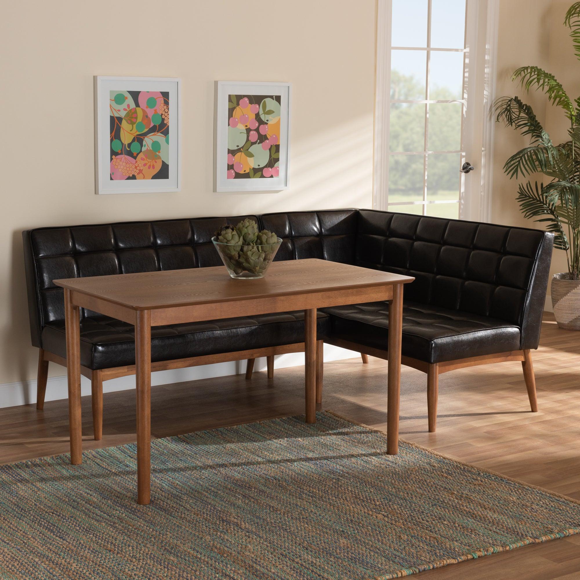 Sanford Mid-Century Modern Faux Leather Upholstered and Finished Wood 3-Piece Dining Nook Set