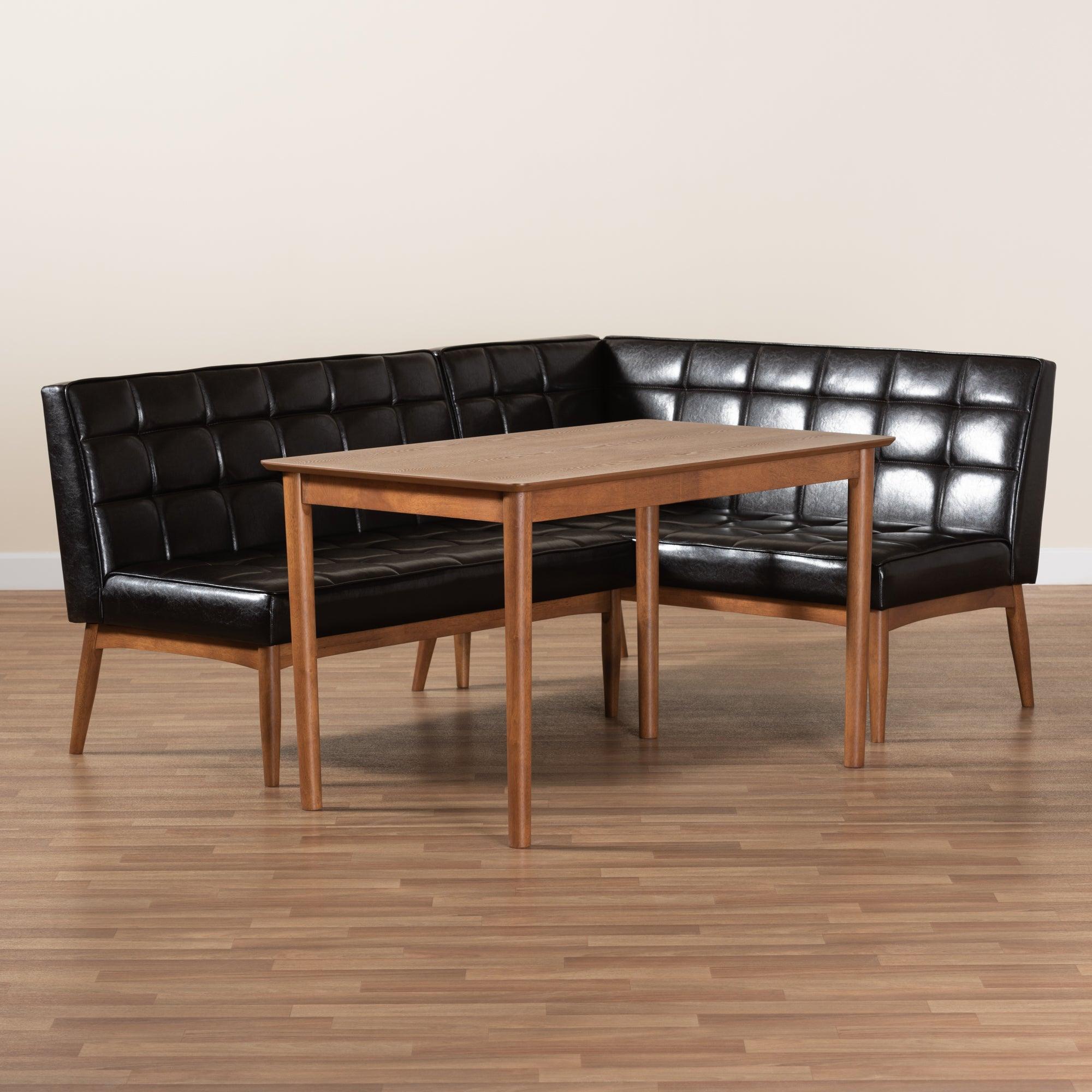 Sanford Mid-Century Modern Faux Leather Upholstered and Finished Wood 3-Piece Dining Nook Set