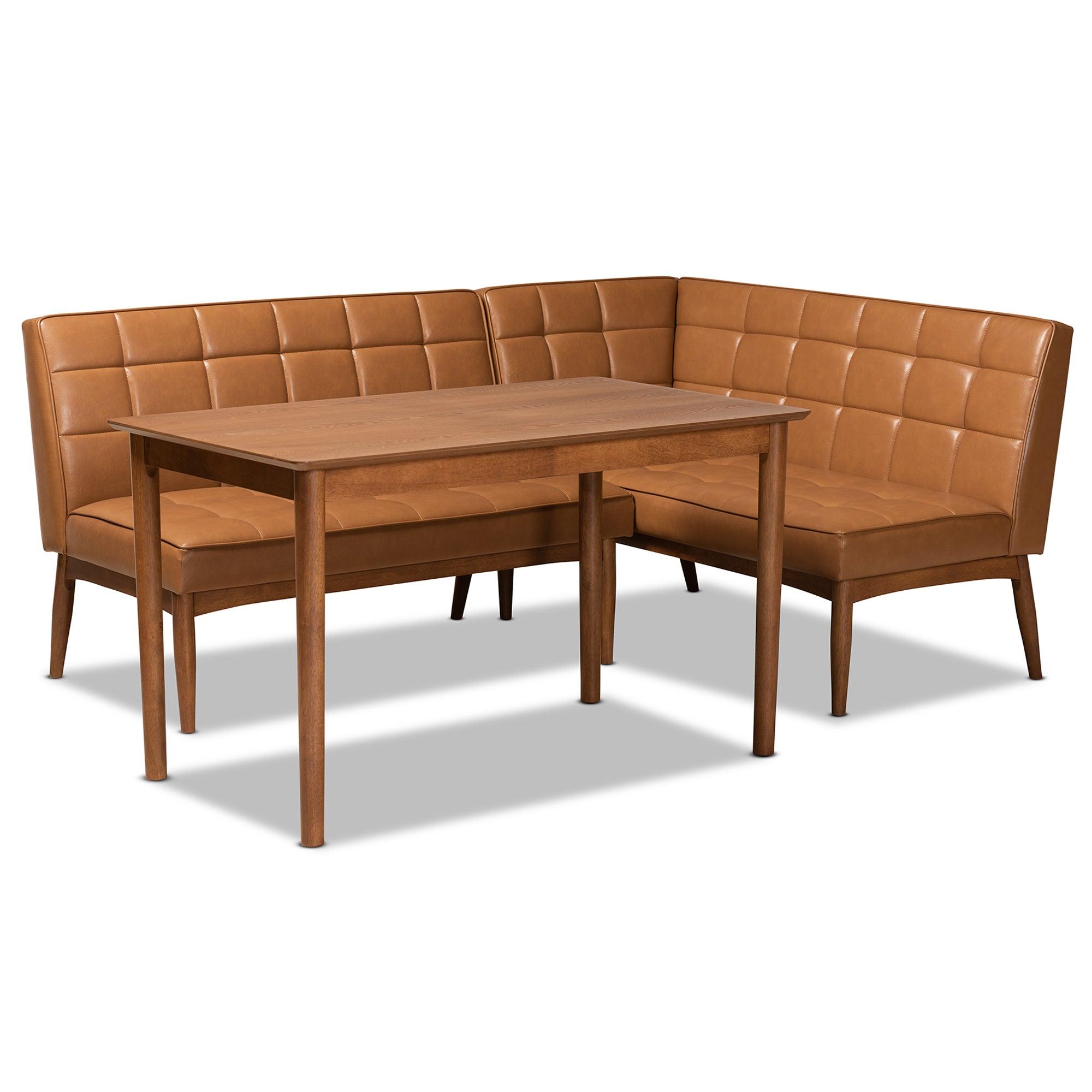 Sanford Mid-Century Modern Faux Leather Upholstered and Finished Wood 3-Piece Dining Nook Set