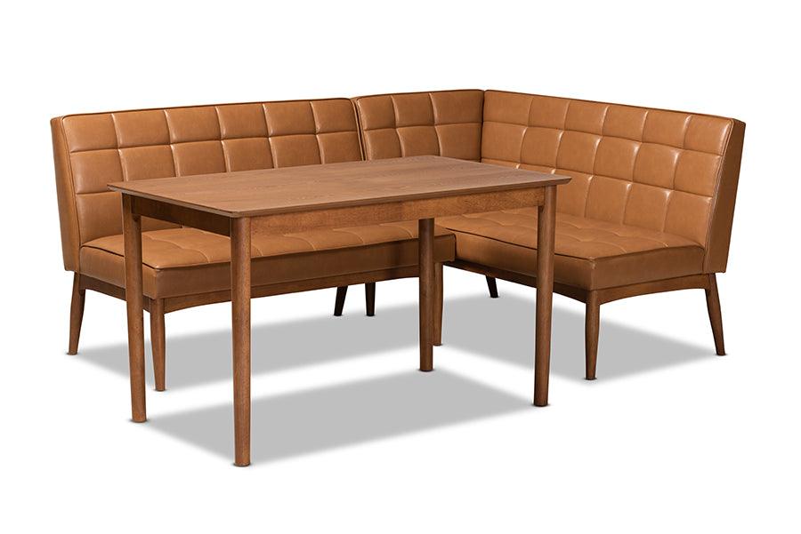 Sanford Mid-Century Modern Faux Leather Upholstered and Finished Wood 3-Piece Dining Nook Set