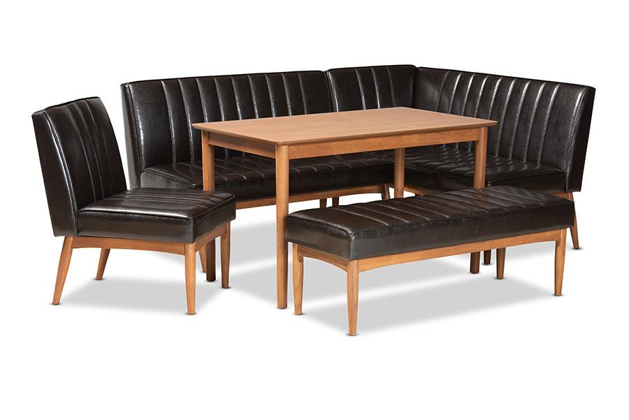 Daymond Mid-Century Modern Faux Leather Upholstered and Finished Wood 5-Piece Dining Nook Set