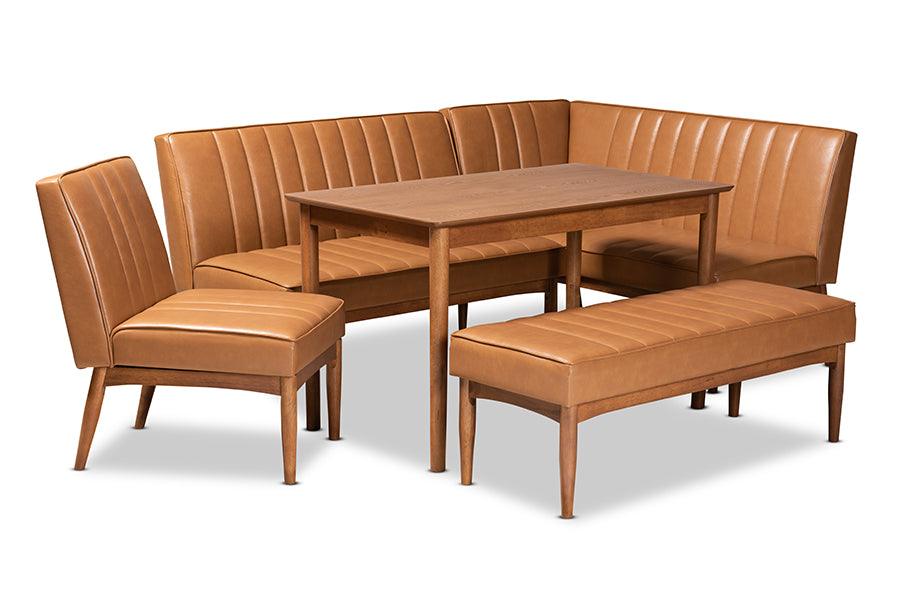 Daymond Mid-Century Modern Faux Leather Upholstered and Finished Wood 5-Piece Dining Nook Set