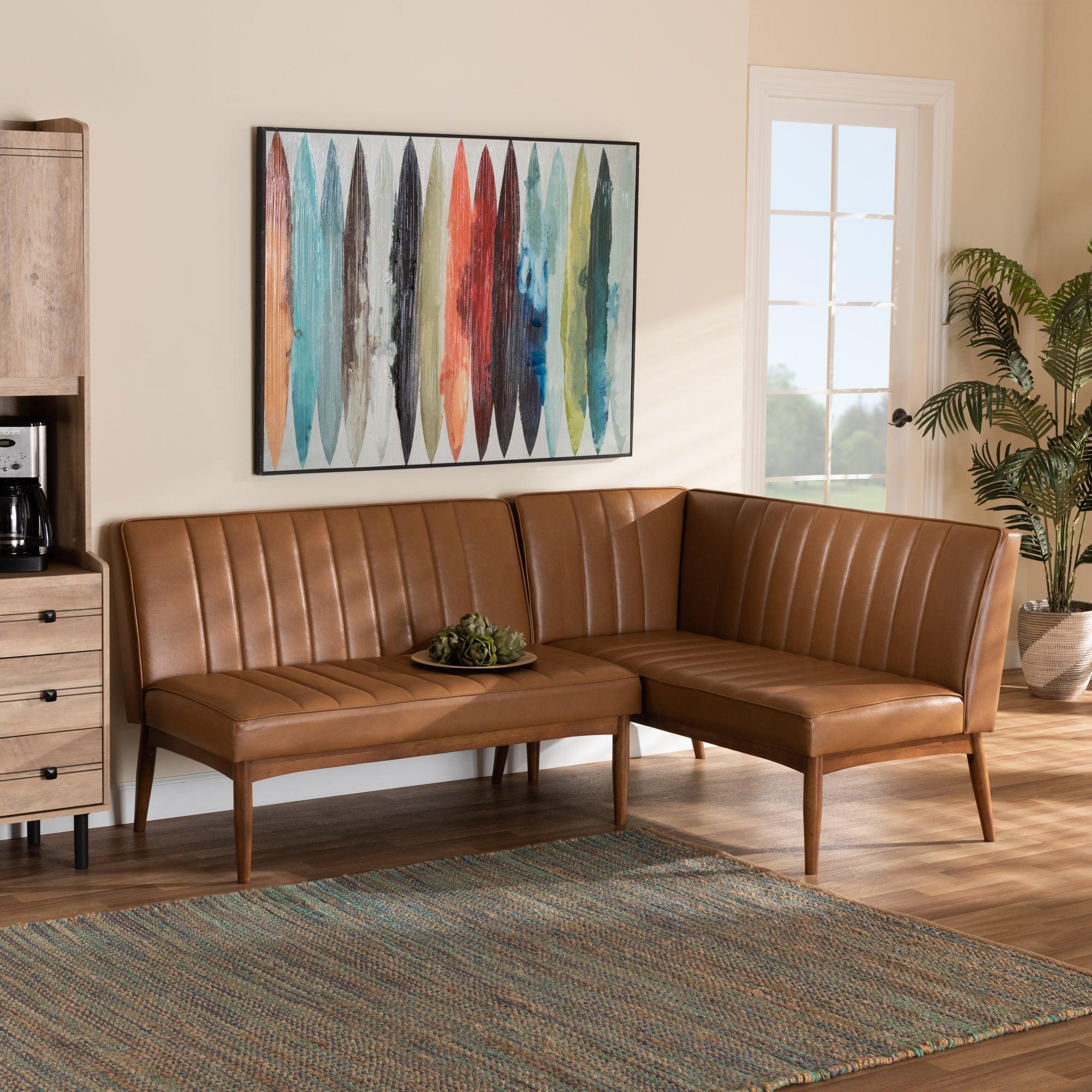 Daymond Mid-Century Modern Faux Leather Upholstered and Finished Wood 2-Piece Dining Nook Banquette Set