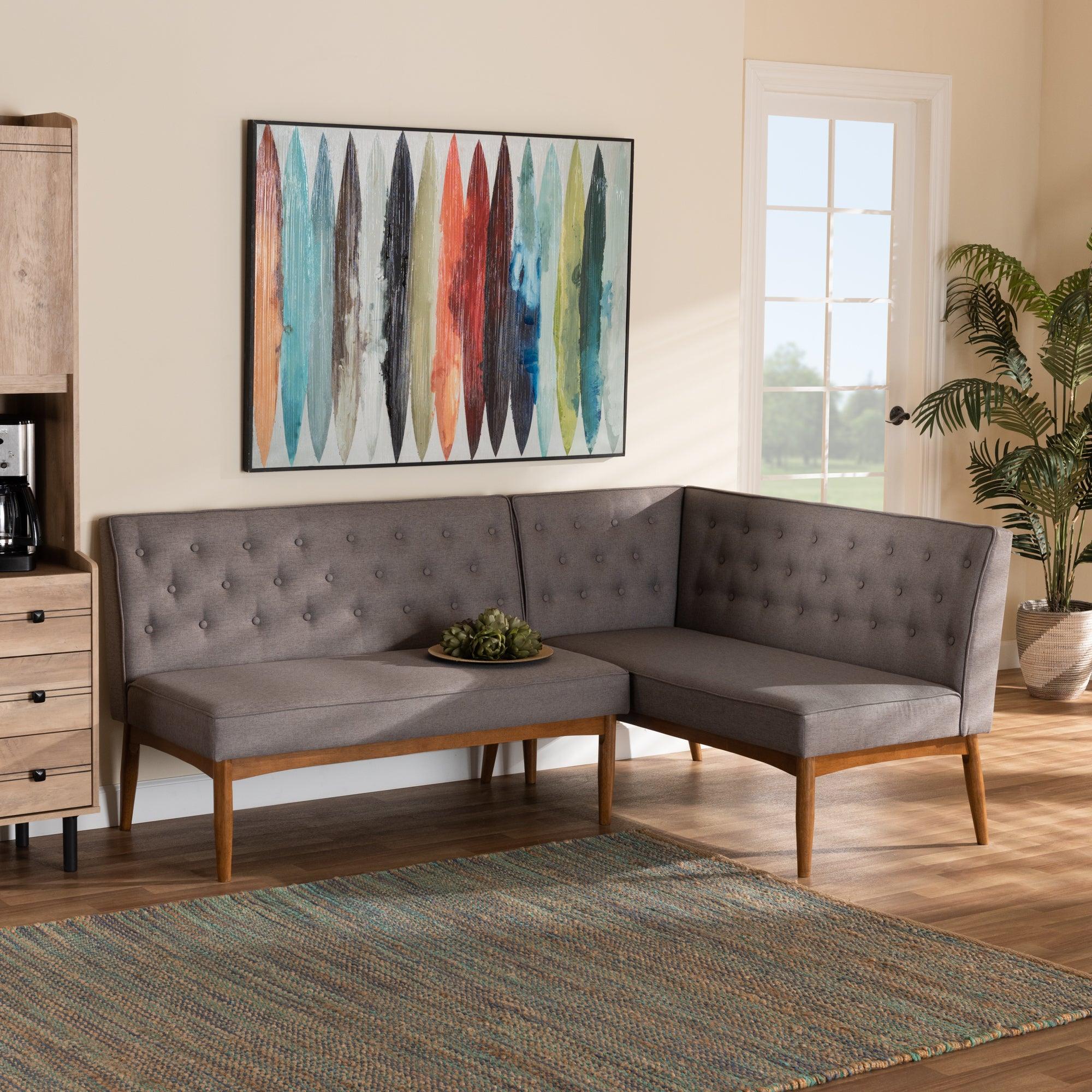 Riordan Mid-Century Modern Fabric Upholstered and Finished Wood 2-Piece Dining Nook Banquette Set