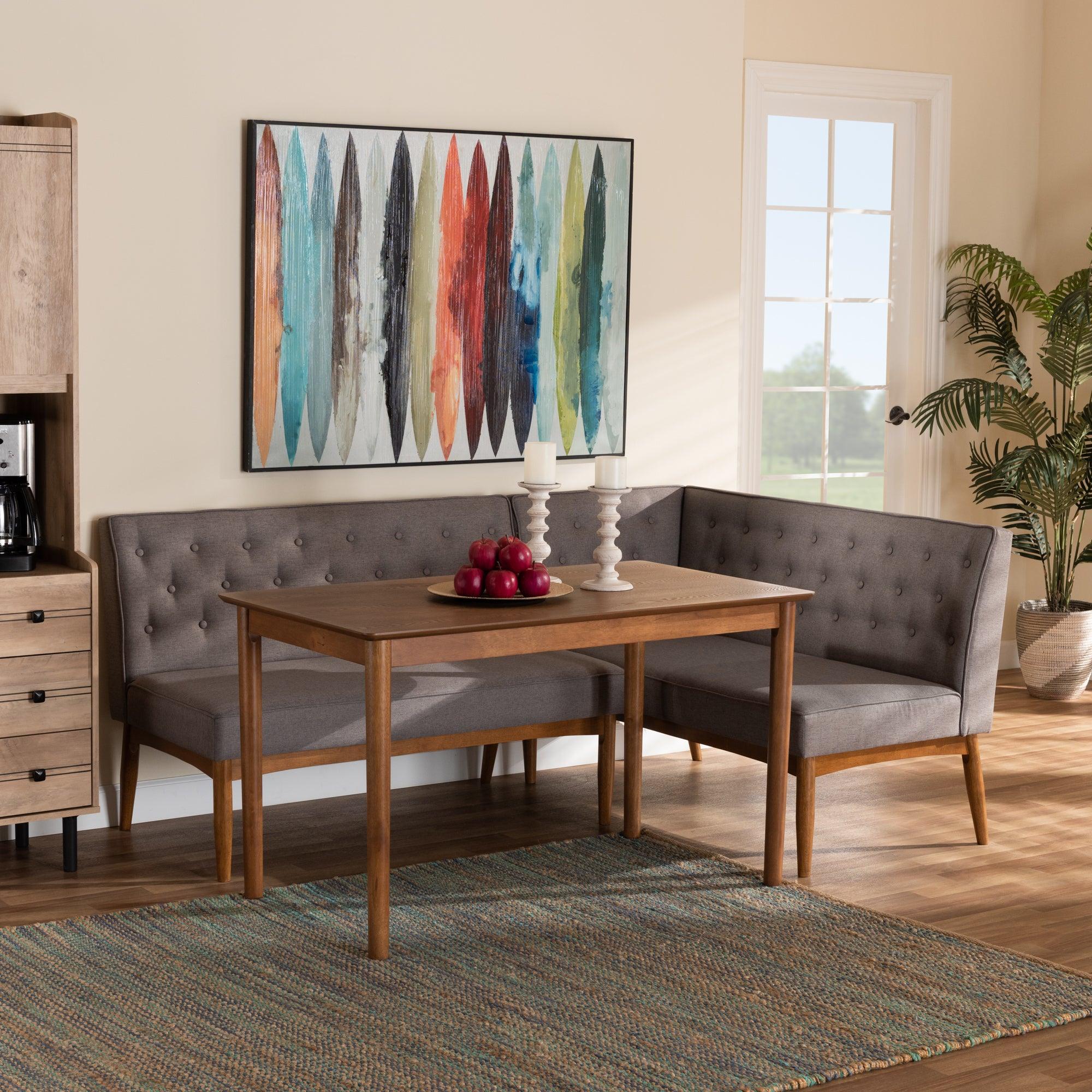 Riordan Mid-Century Modern Fabric Upholstered and Finished Wood 3-Piece Dining Nook Set