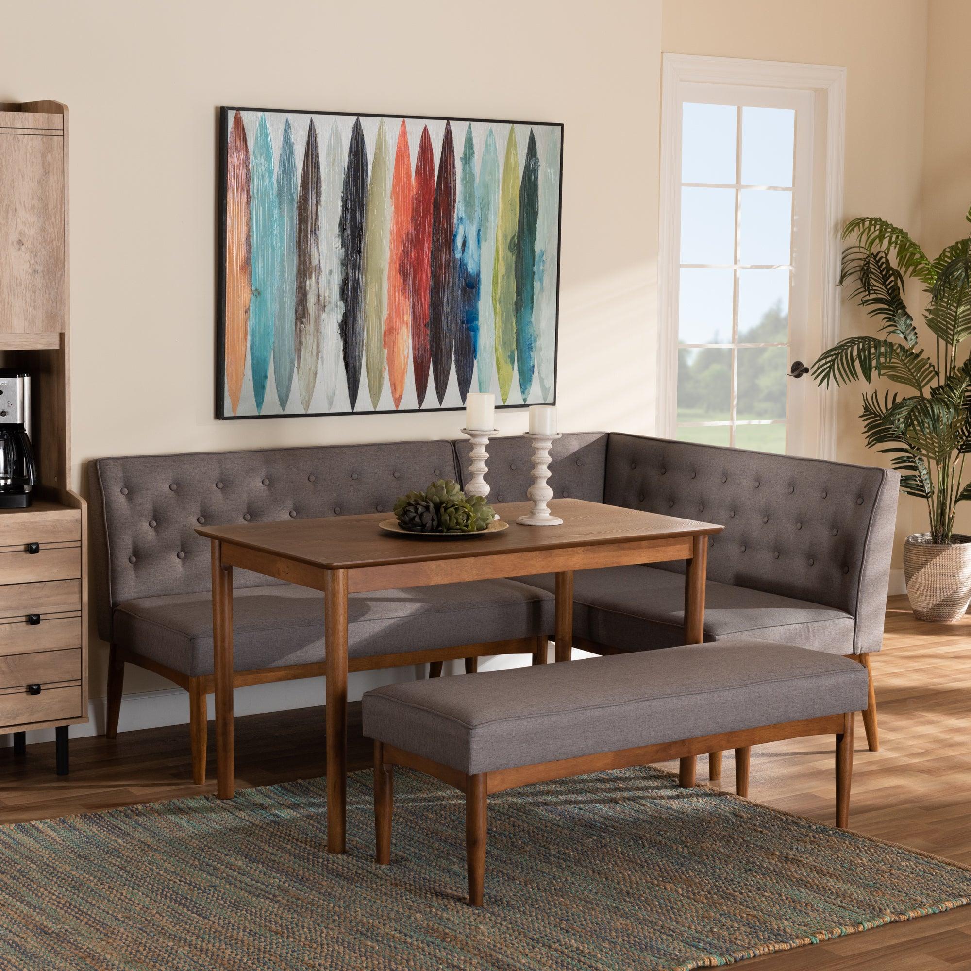 Riordan Mid-Century Modern Fabric Upholstered and Finished Wood 4-Piece Dining Nook Set