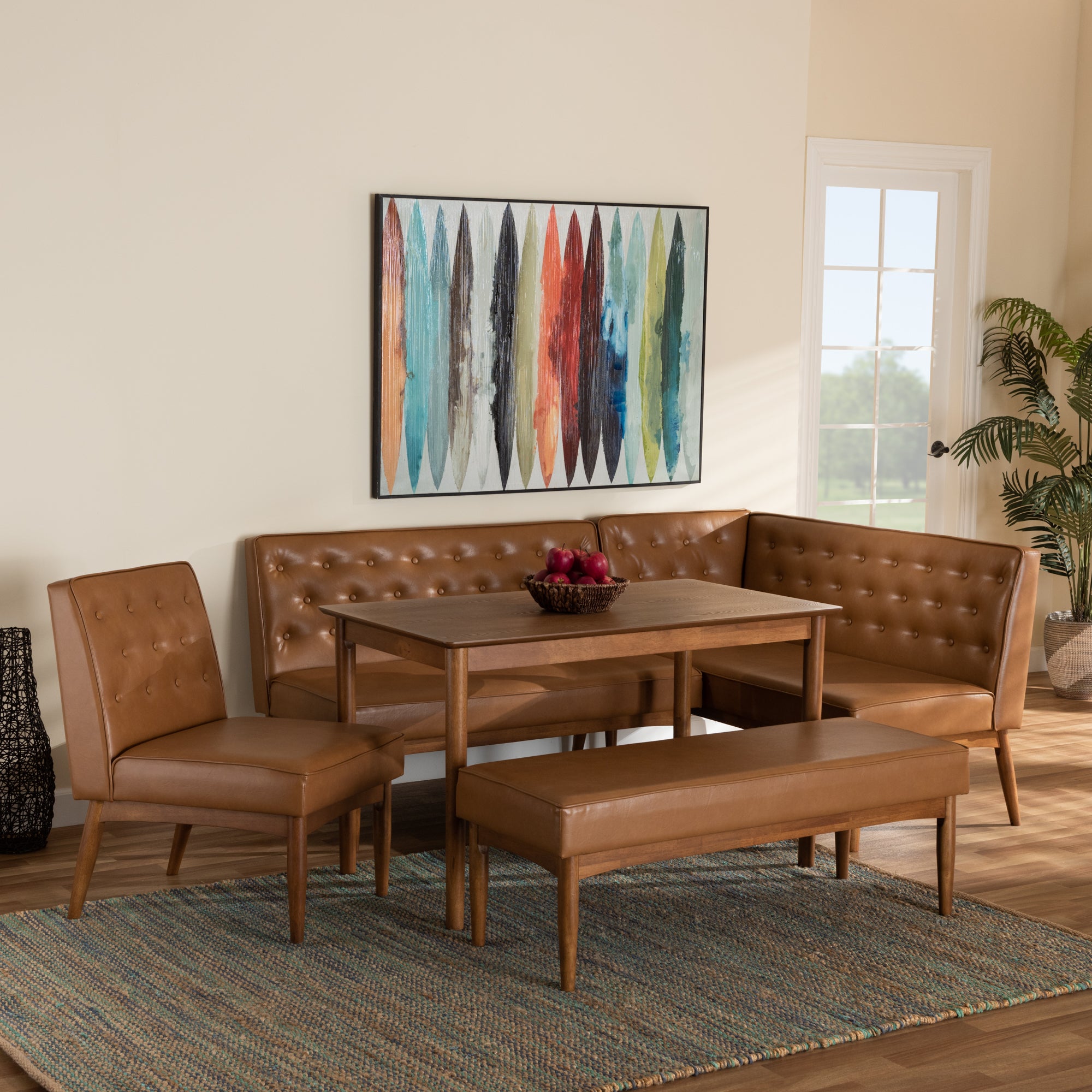 Riordan Mid-Century Modern Faux Leather Upholstered and Finished Wood 5-Piece Dining Nook Set