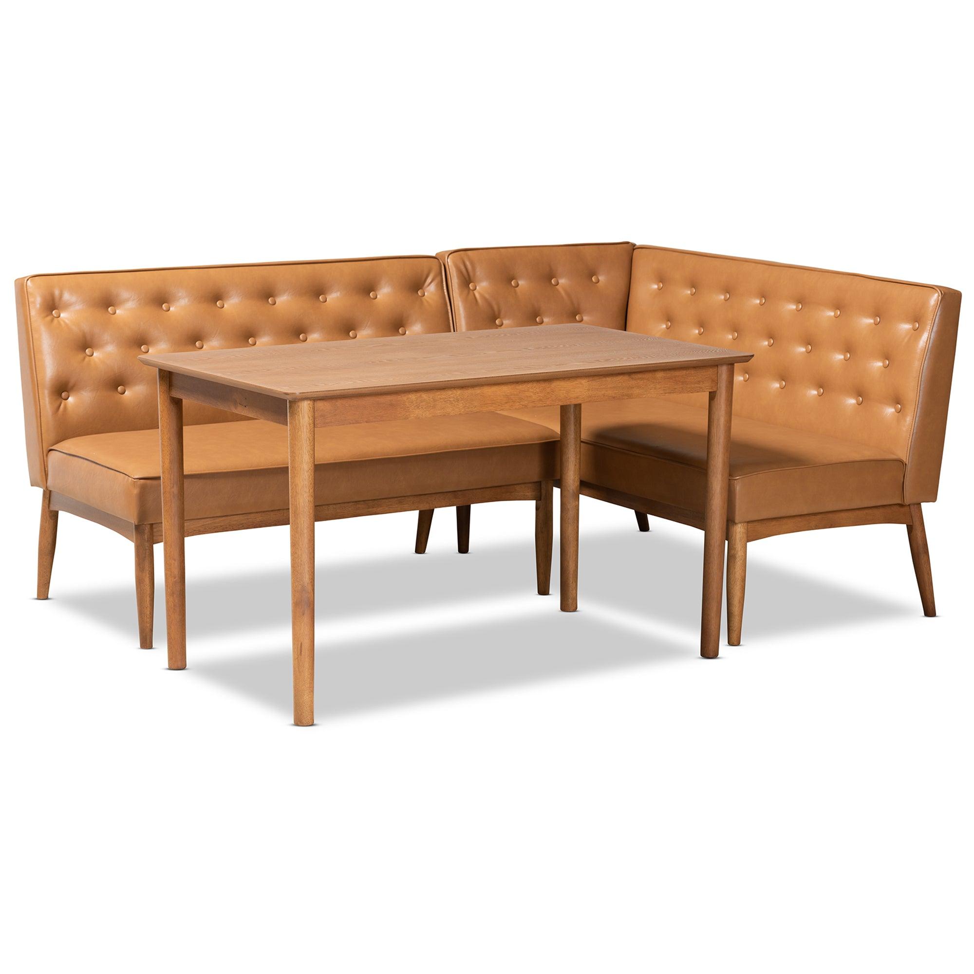 Riordan Mid-Century Modern Faux Leather Upholstered and Finished Wood 3-Piece Dining Nook Set
