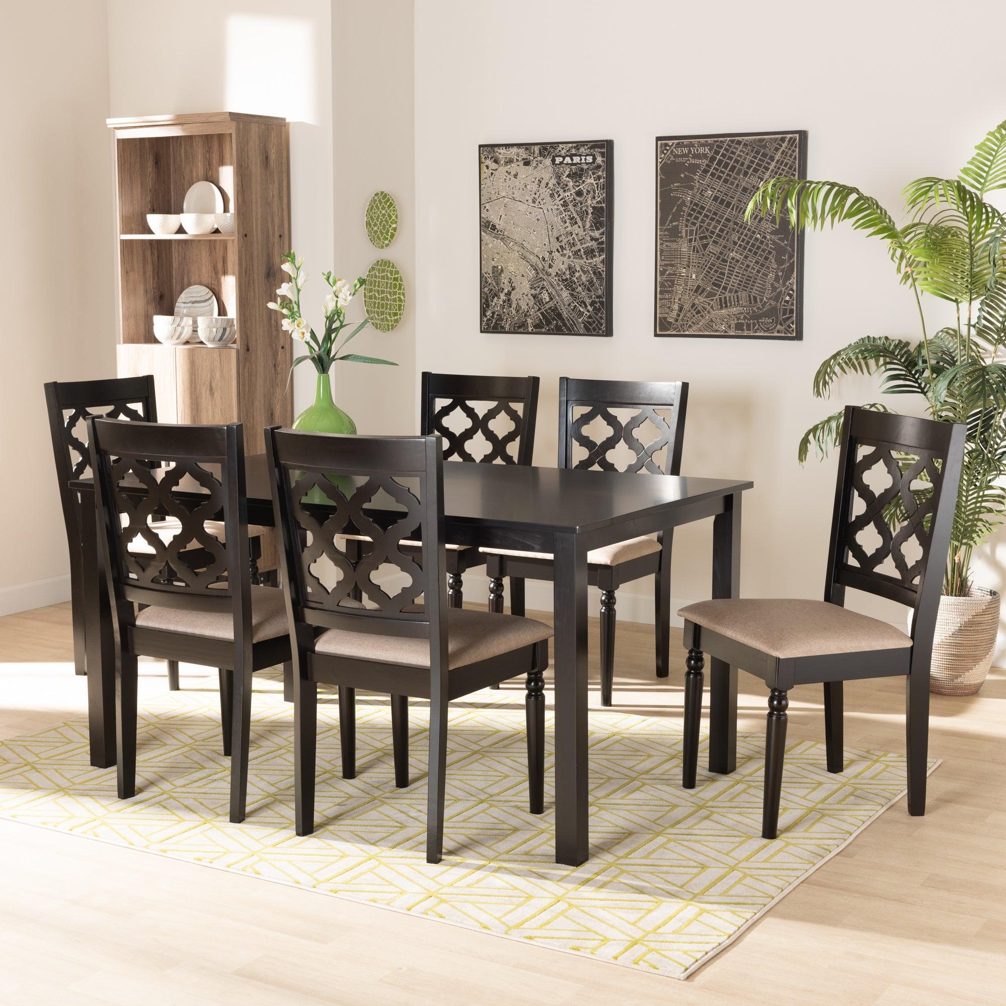 Ramiro Modern and Contemporary Sand Fabric Upholstered and Finished Wood 7-Piece Dining Set