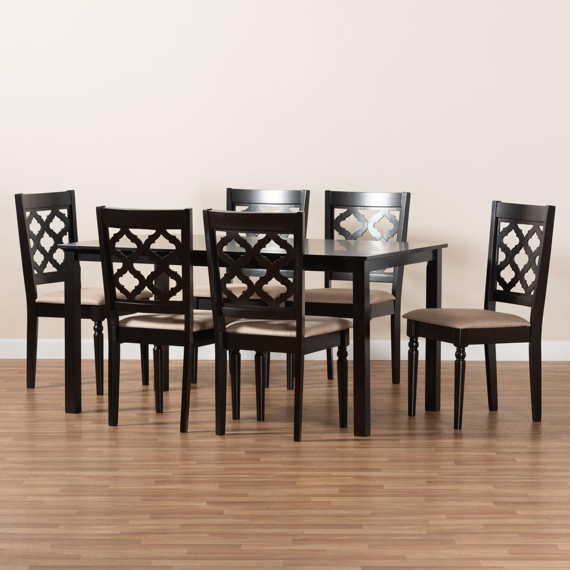 Ramiro Modern and Contemporary Sand Fabric Upholstered and Finished Wood 7-Piece Dining Set