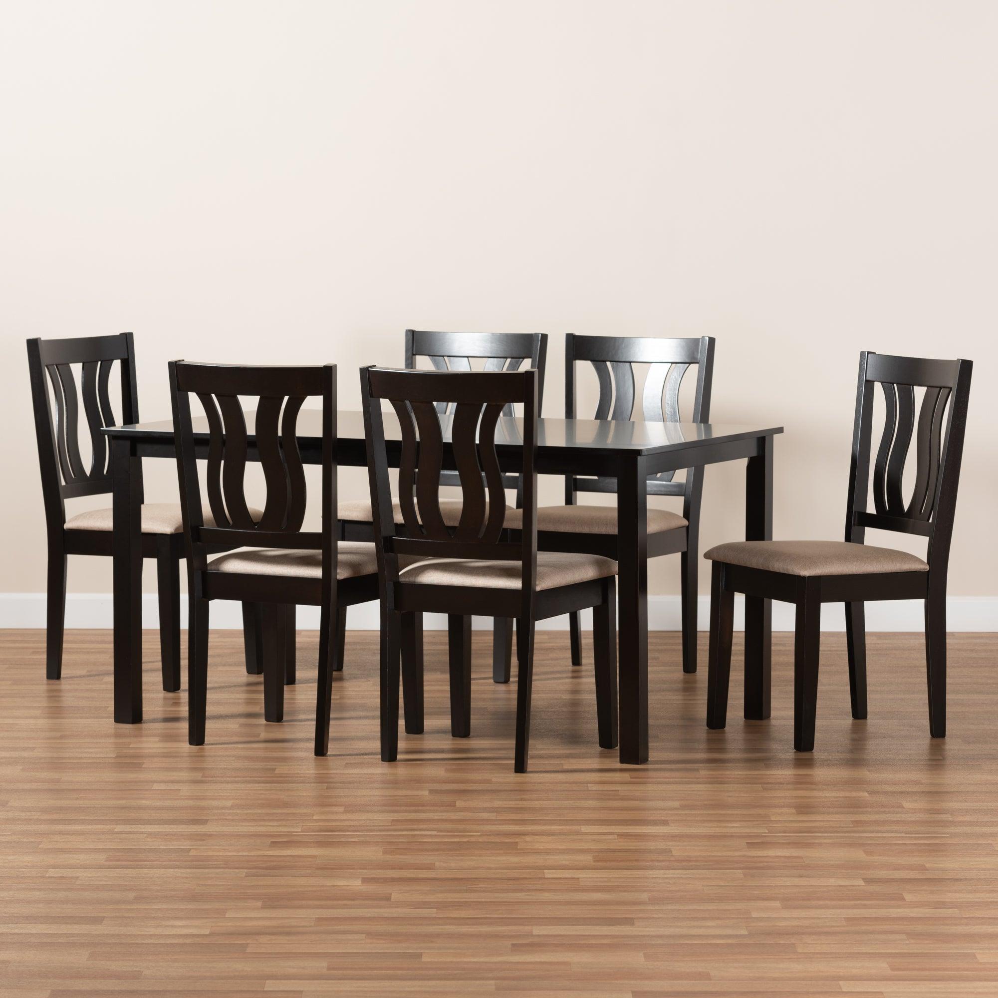 Fenton Modern and Contemporary Sand Fabric Upholstered and Finished Wood 7-Piece Dining Set