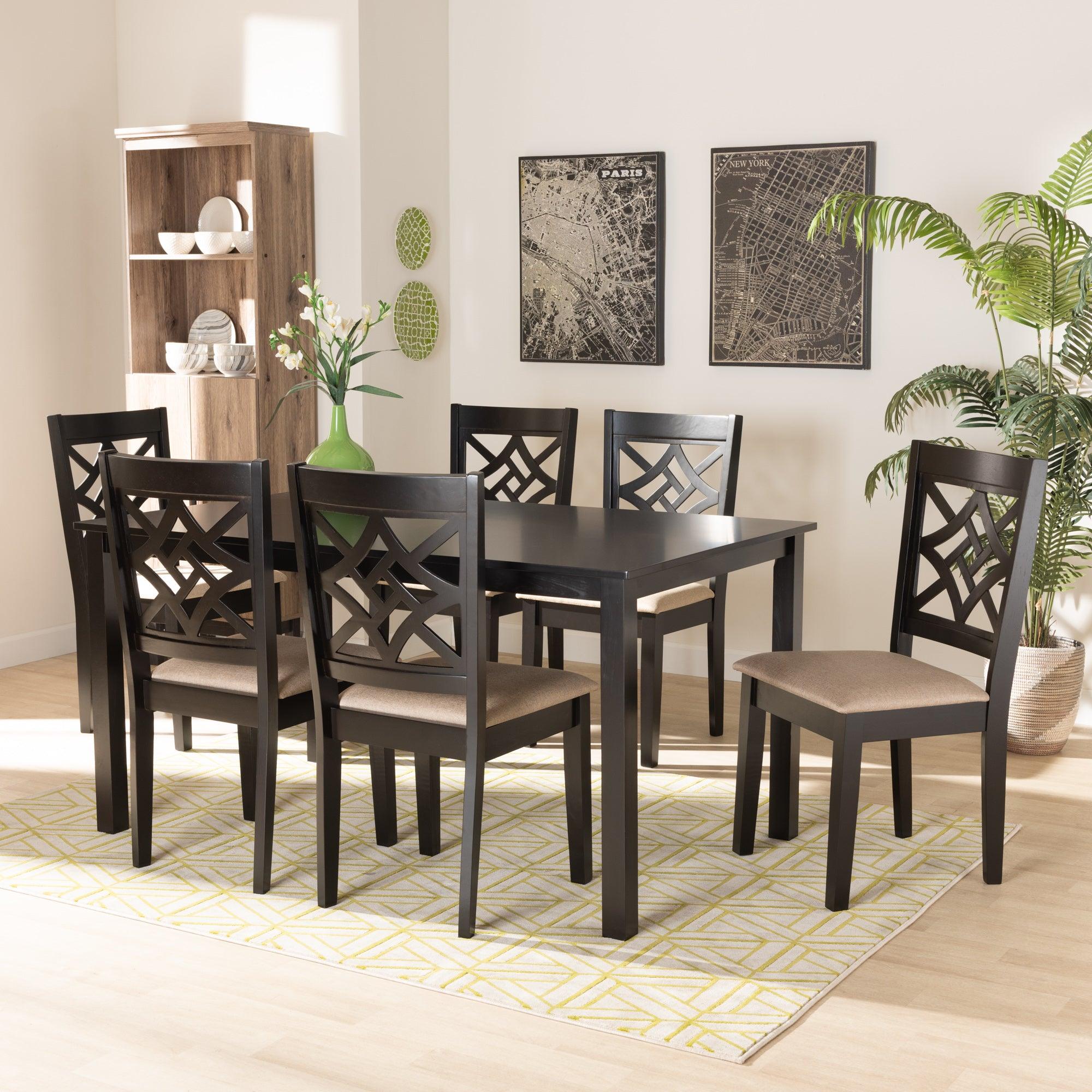 Nicolette Modern and Contemporary Sand Fabric Upholstered and Finished Wood 7-Piece Dining Set