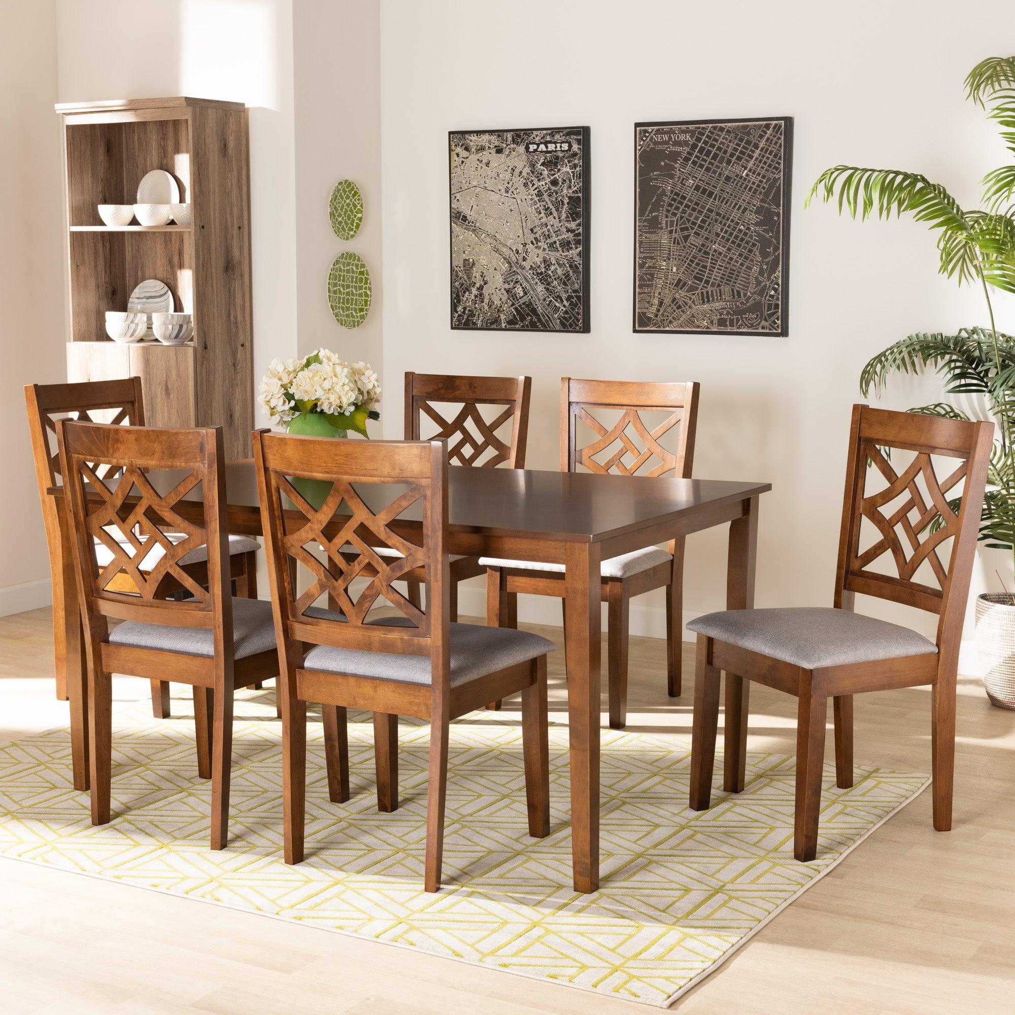 Nicolette Modern and Contemporary Fabric Upholstered and Finished Wood 7-Piece Dining Set