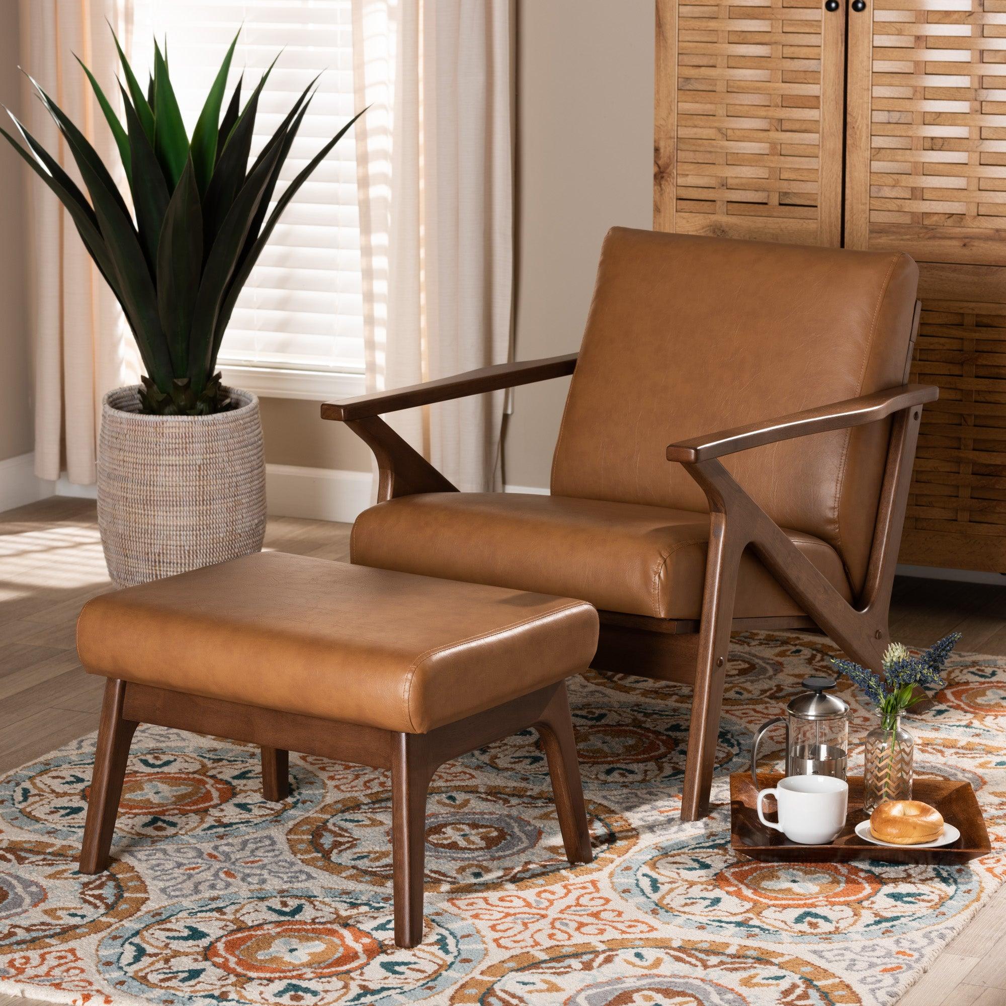 Bianca Mid-Century Modern Finished Wood and Faux Leather Effect 2-Piece Lounge chair and Ottoman Set