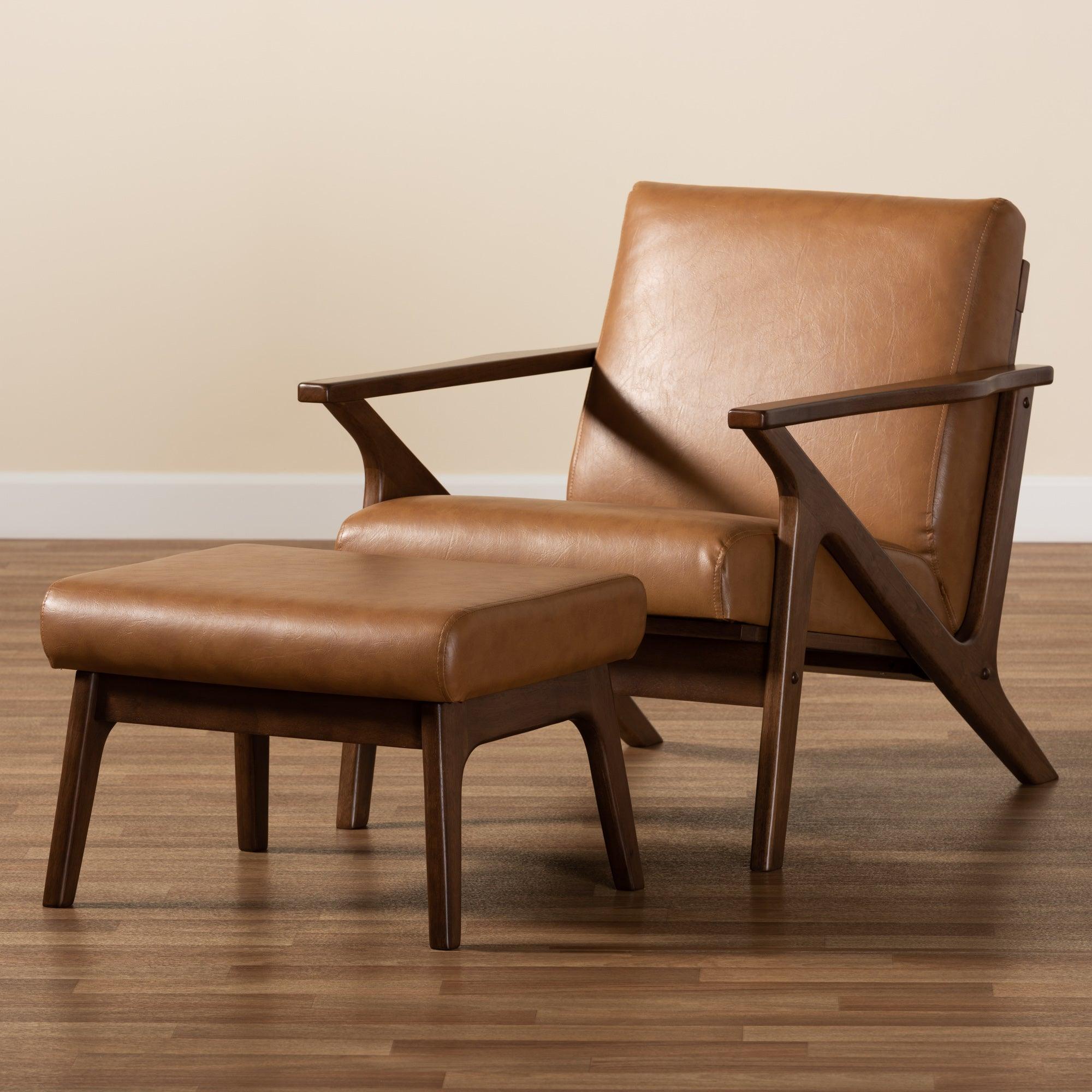 Bianca Mid-Century Modern Finished Wood and Faux Leather Effect 2-Piece Lounge chair and Ottoman Set