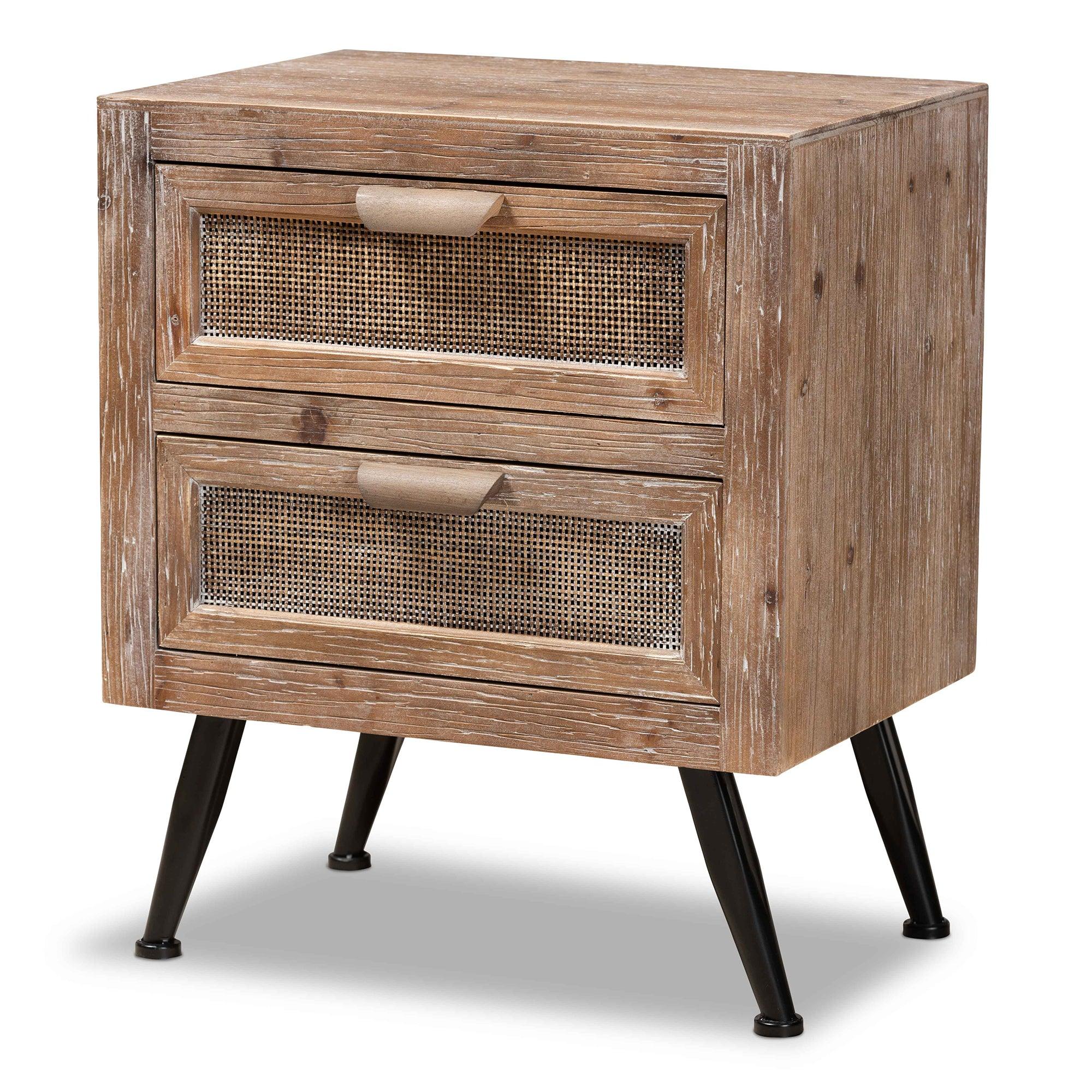 Calida Mid-Century Modern washed Finished Wood and Rattan 2-Drawer End Table
