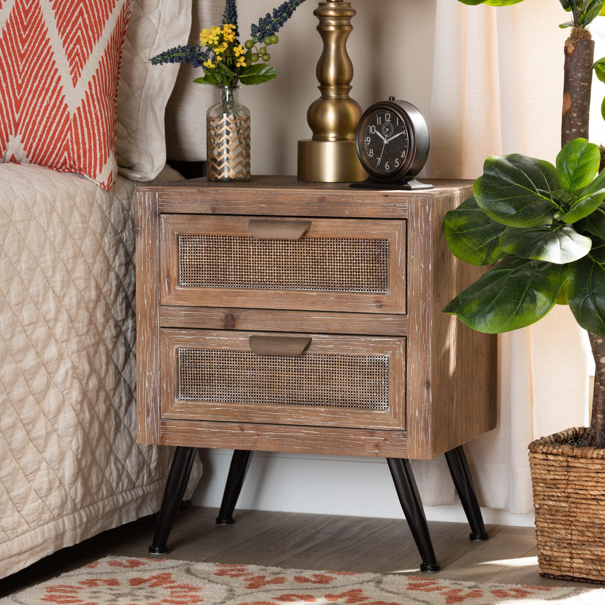Calida Mid-Century Modern washed Finished Wood and Rattan 2-Drawer End Table
