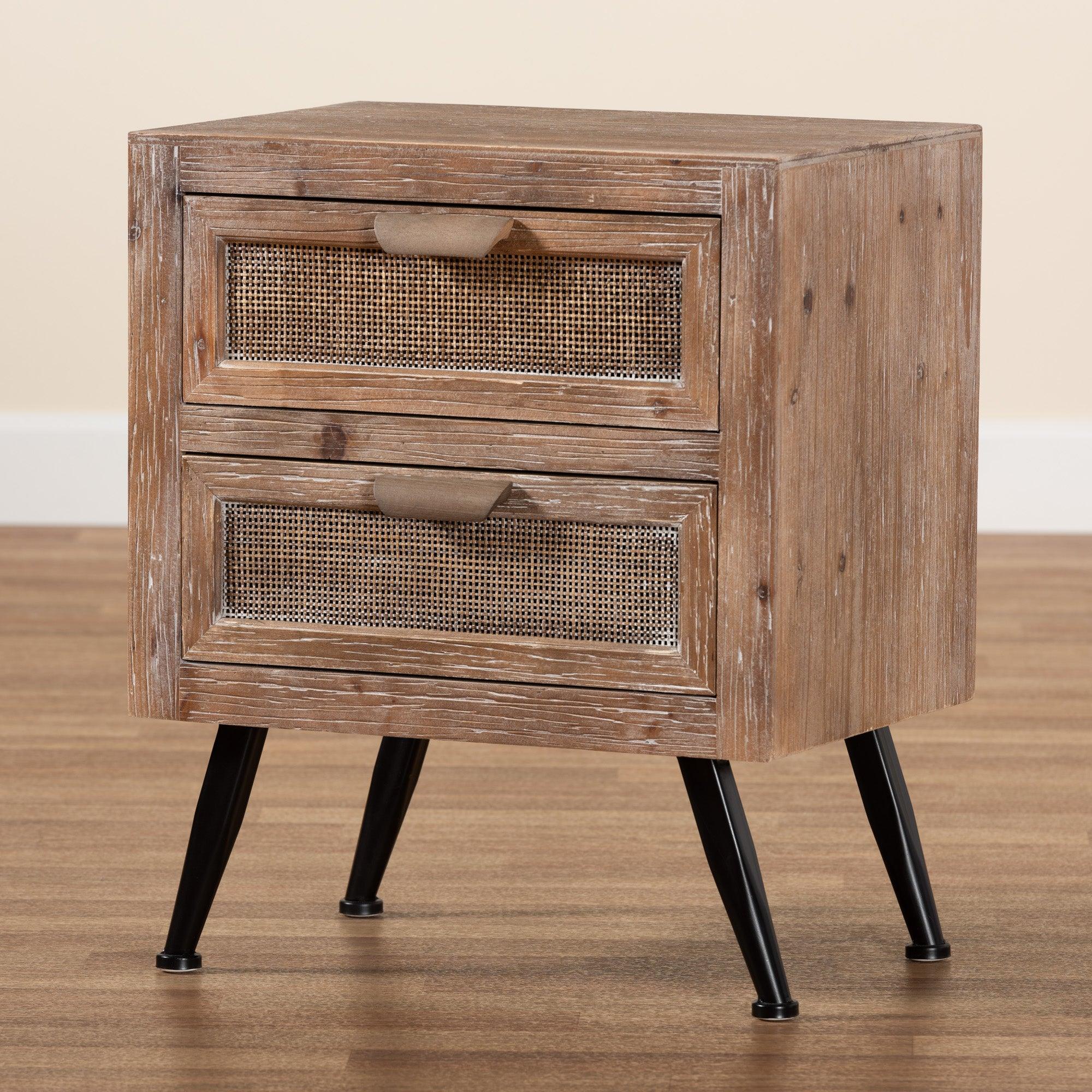 Calida Mid-Century Modern washed Finished Wood and Rattan 2-Drawer End Table