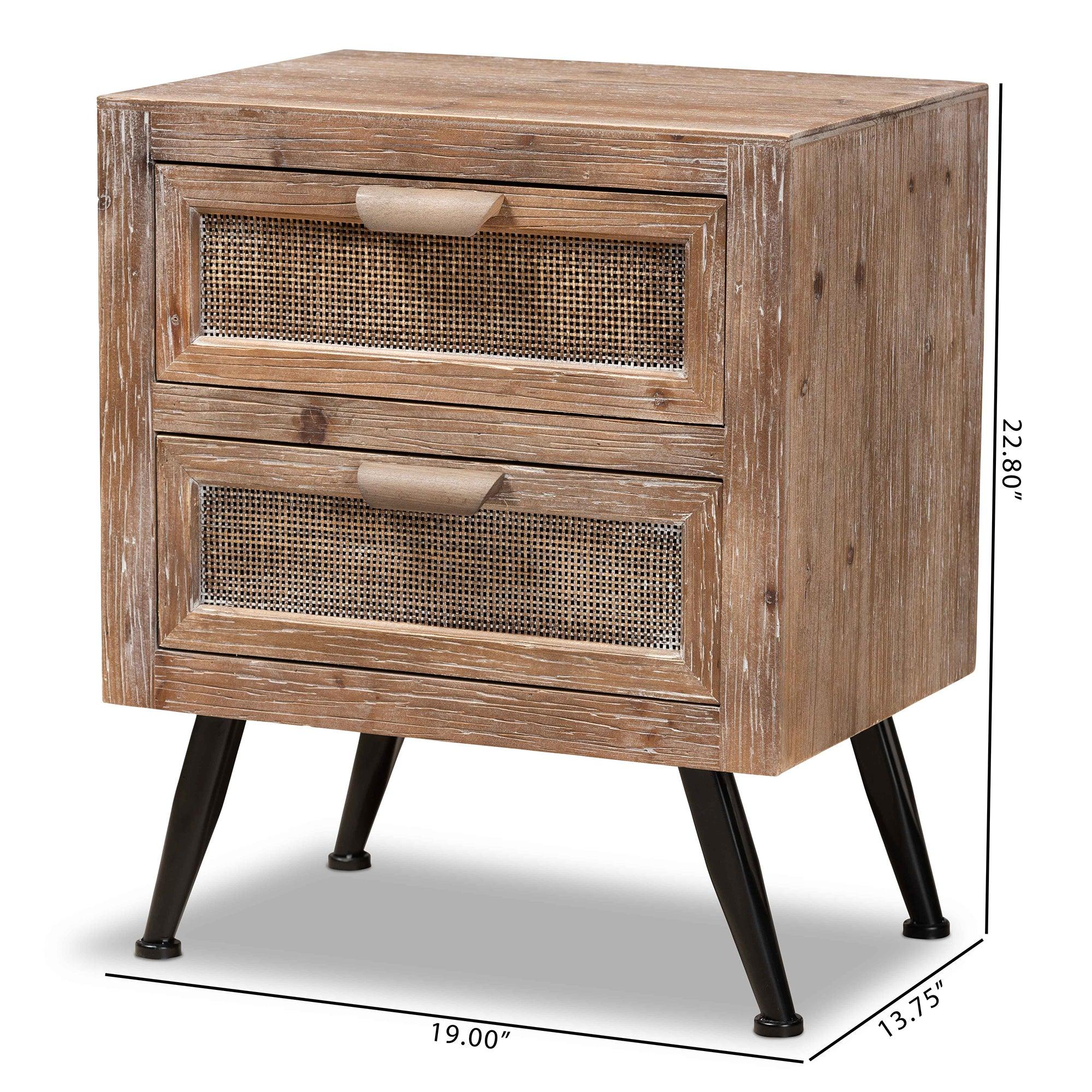 Calida Mid-Century Modern washed Finished Wood and Rattan 2-Drawer End Table