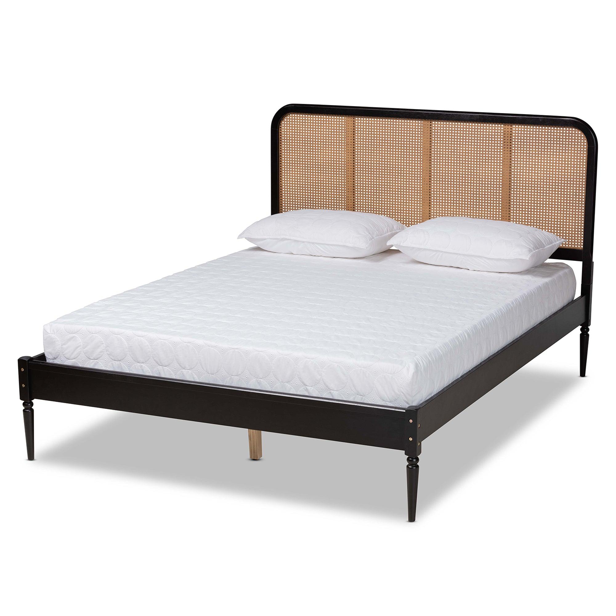 Elston Mid-Century Modern Finished Wood and Synthetic Rattan Platform Bed