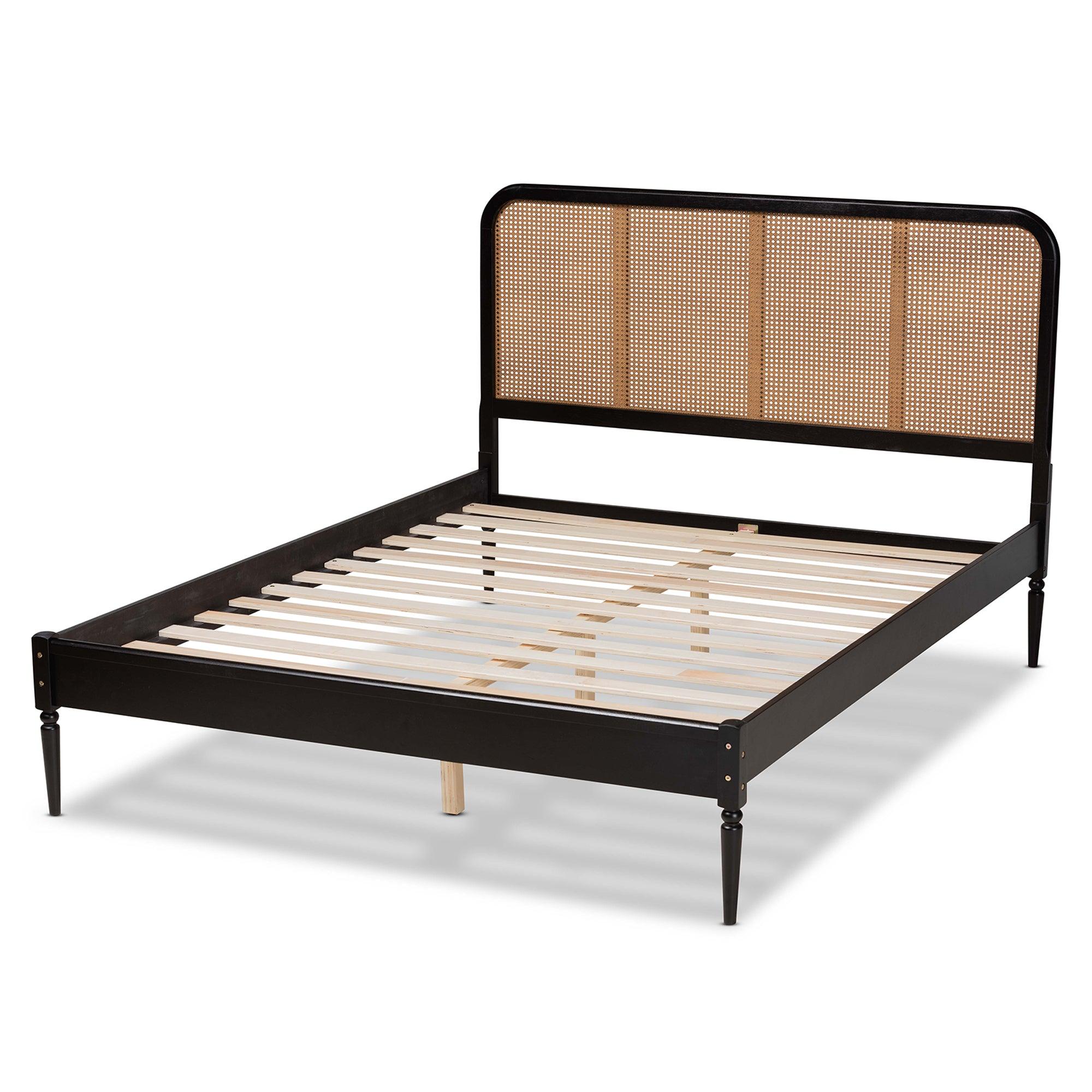 Elston Mid-Century Modern Finished Wood and Synthetic Rattan Platform Bed