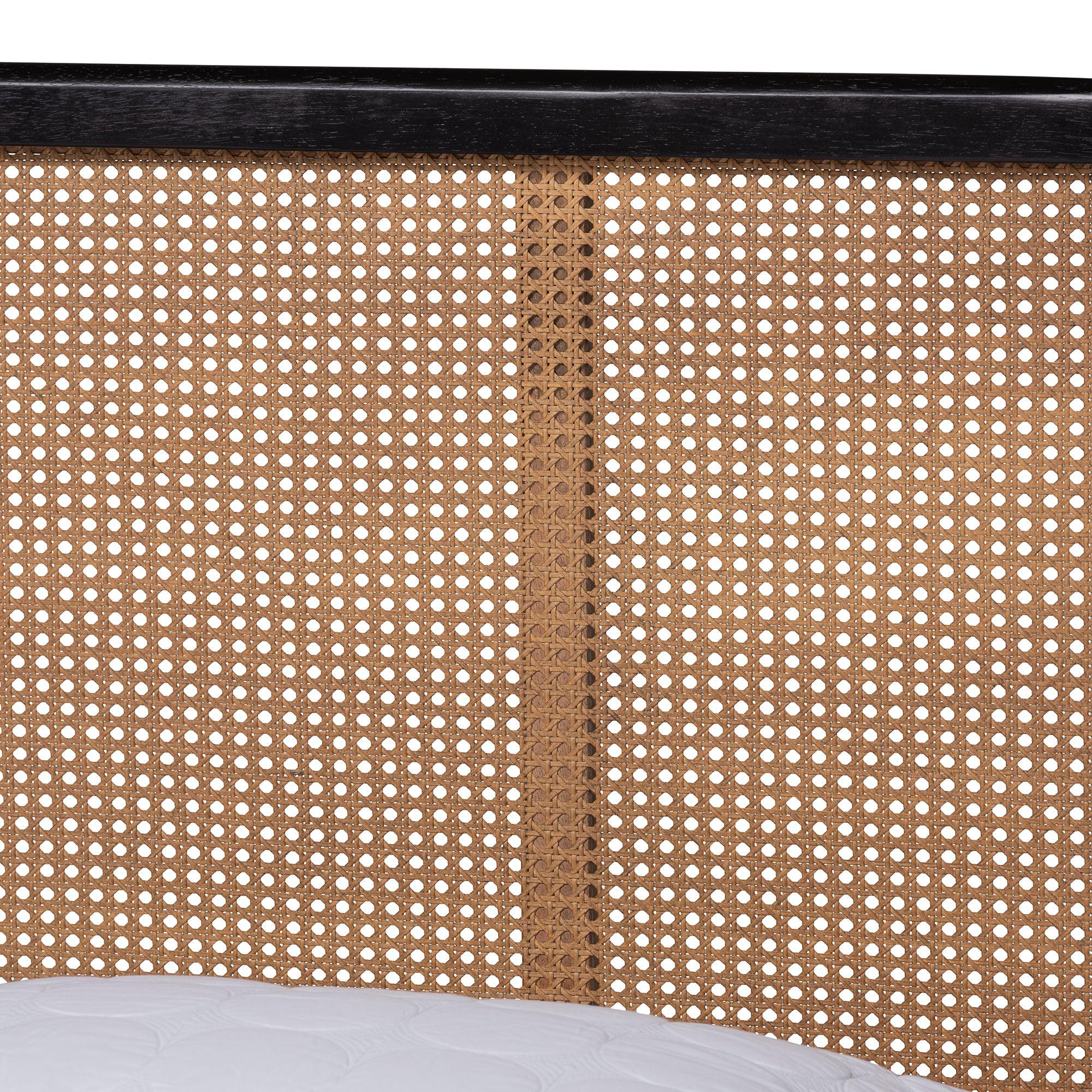 Elston Mid-Century Modern Finished Wood and Synthetic Rattan Platform Bed