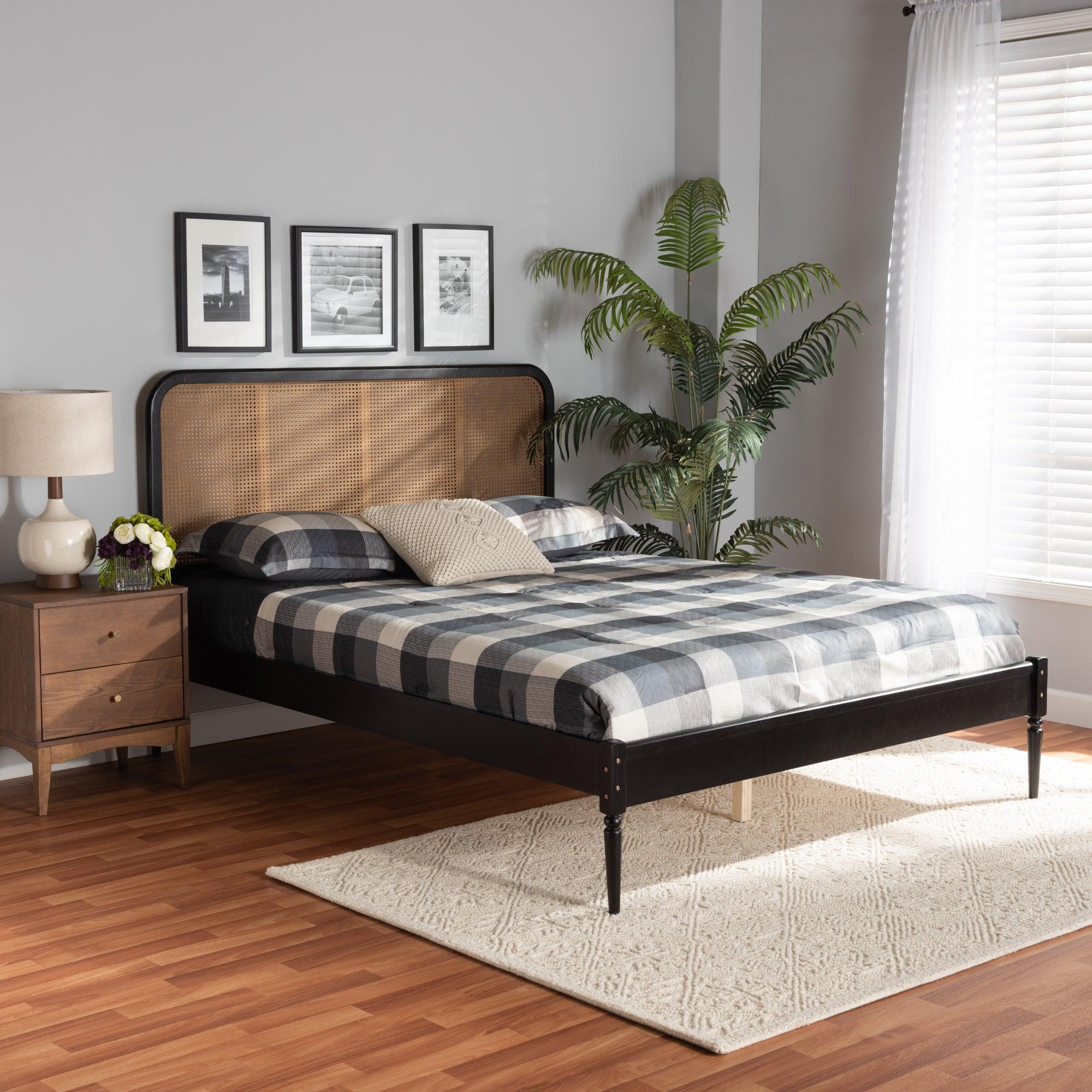 Elston Mid-Century Modern Finished Wood and Synthetic Rattan Platform Bed