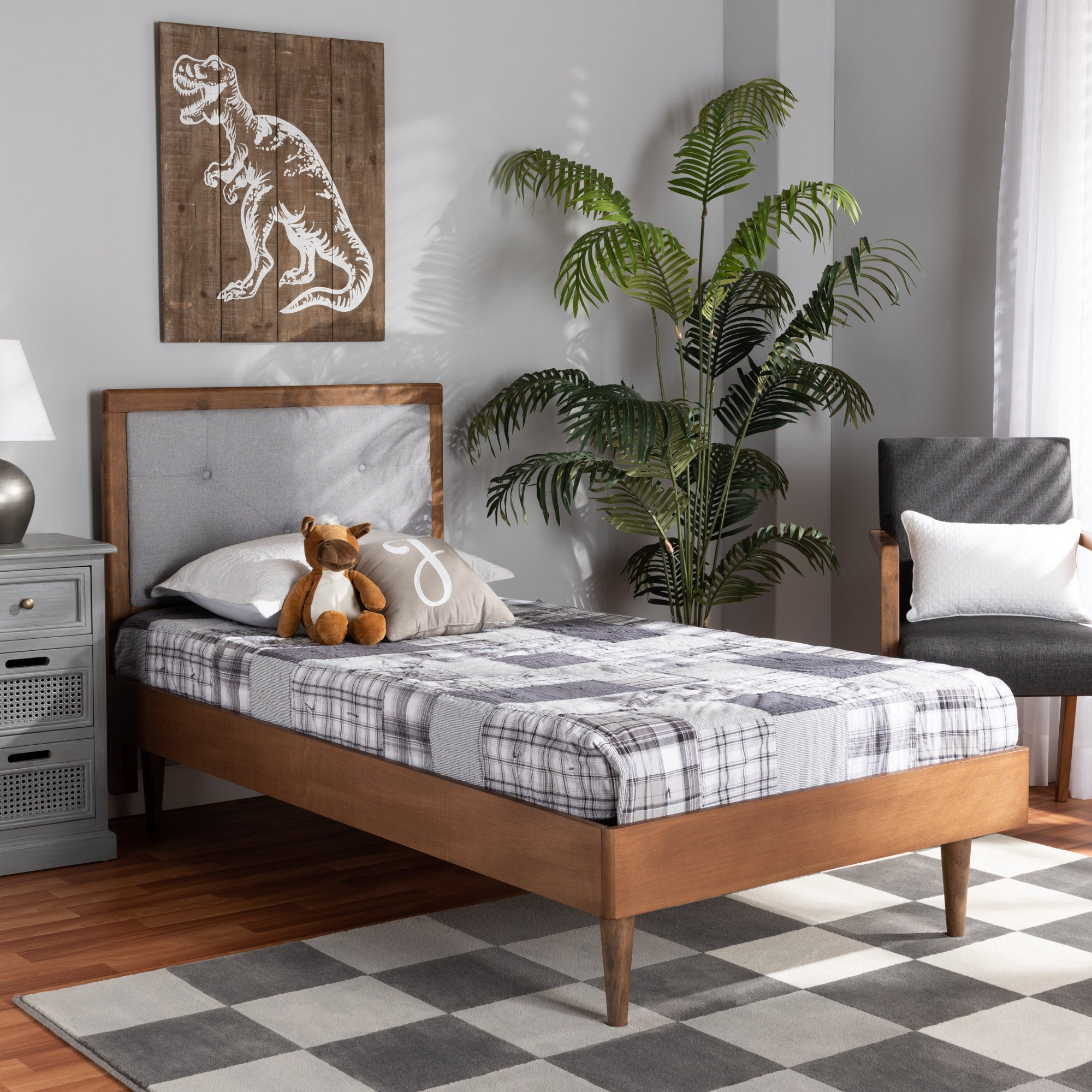 Saul Mid-Century Modern Fabric Upholstered and Finished Wood Platform Bed