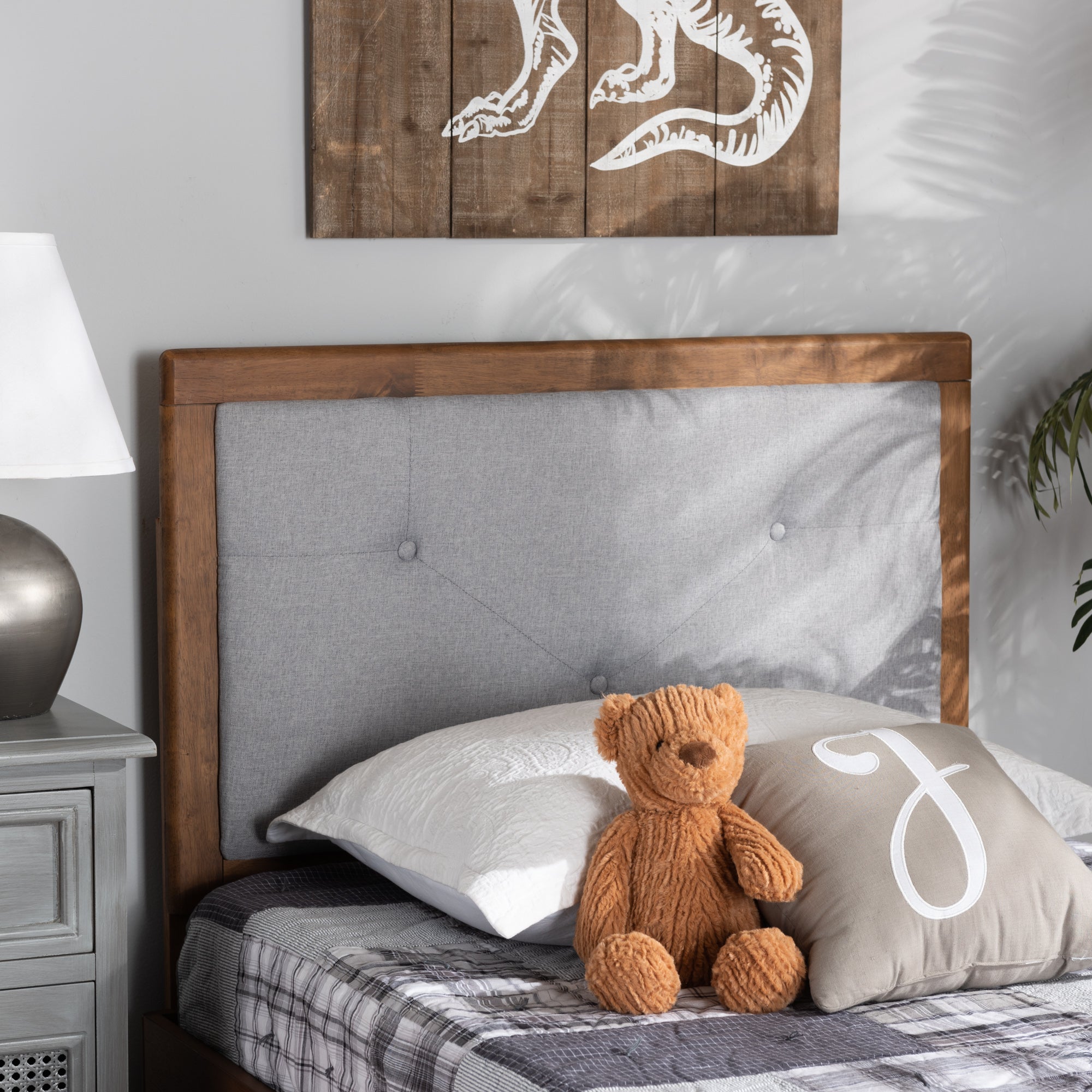 Abner Modern and Contemporary Transitional Fabric Upholstered and Finished Wood Headboard