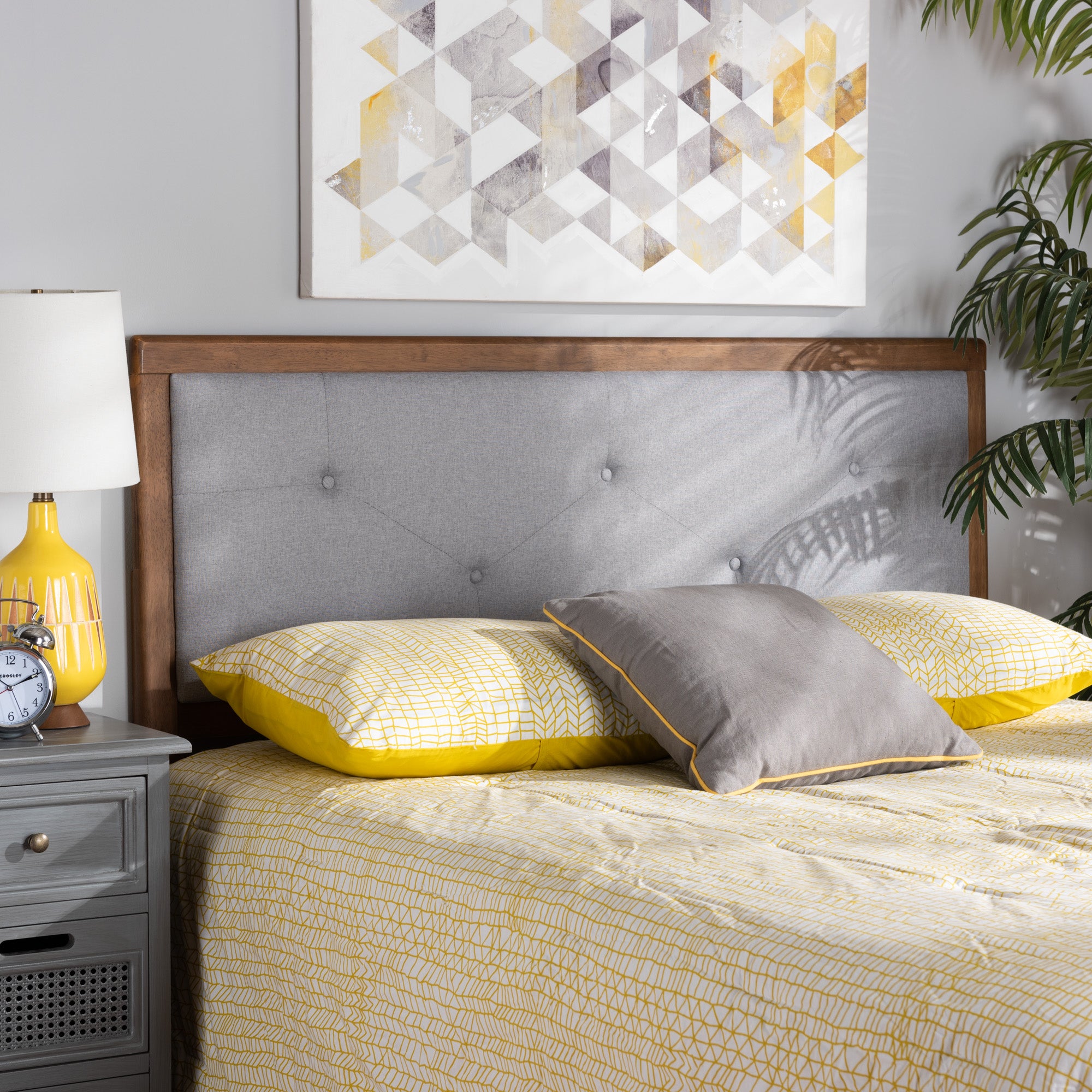 Abner Modern and Contemporary Transitional Light Fabric Upholstered and Finished Wood Headboard