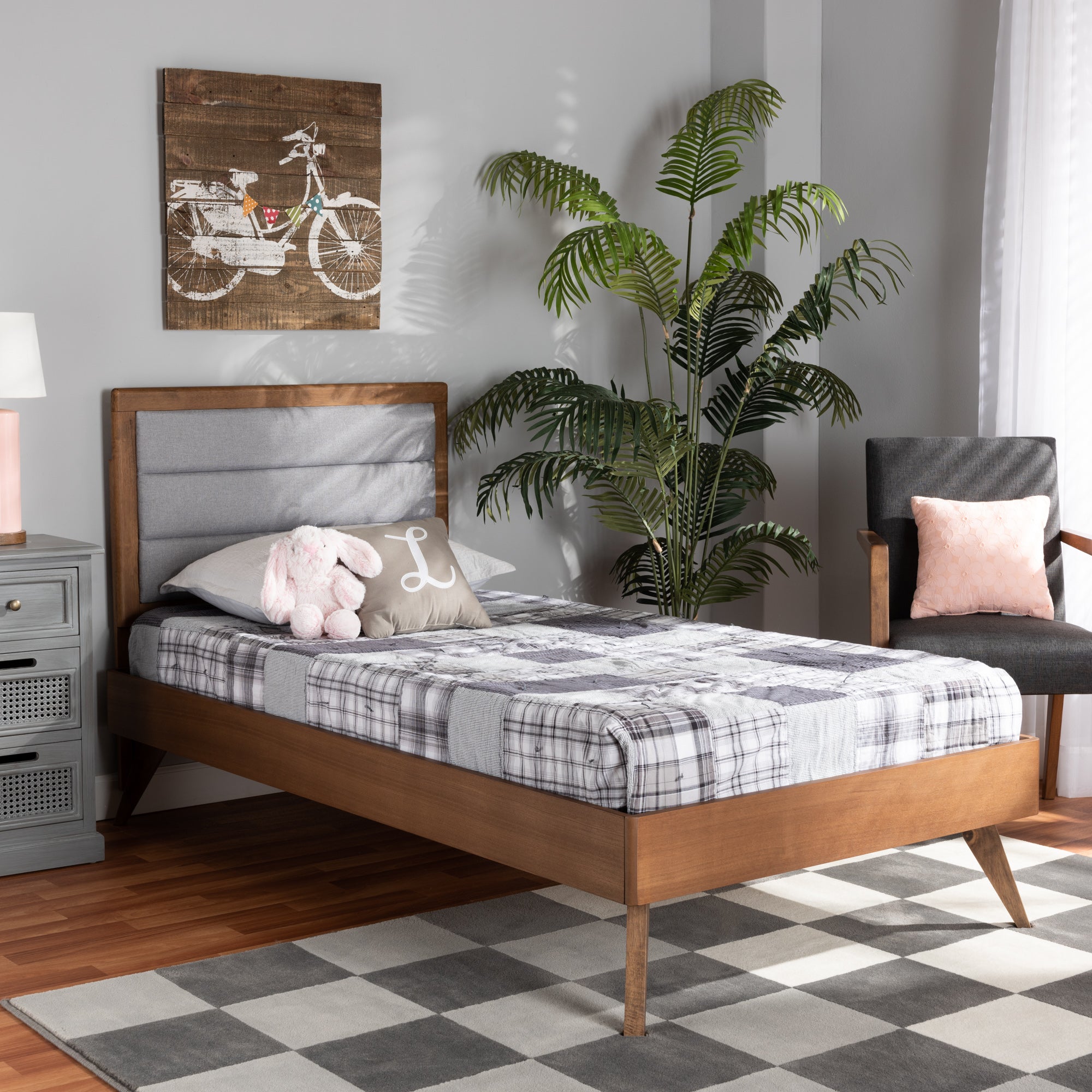 Linn Mid-Century Modern Fabric Upholstered and Finished Wood Platform Bed