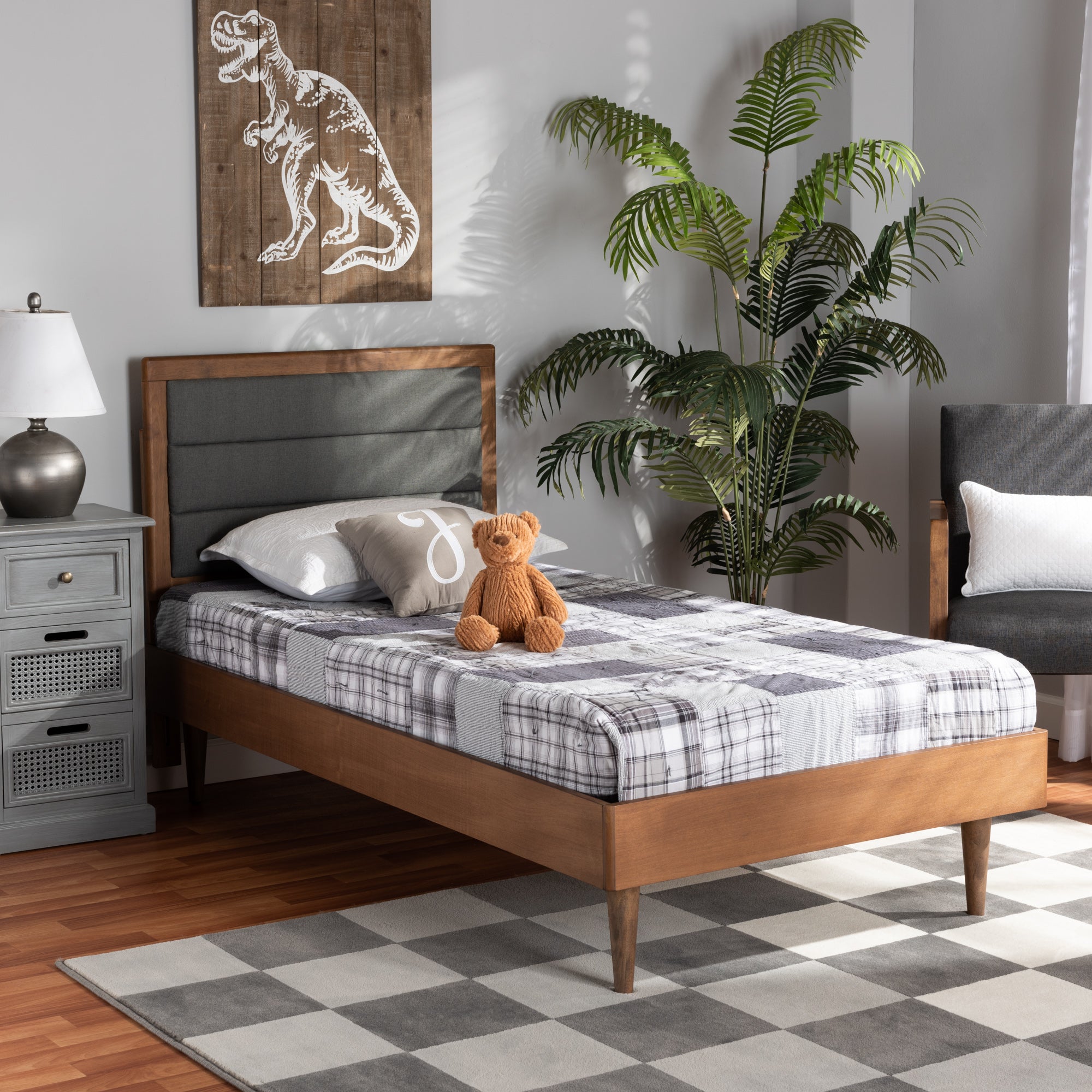 Seren Mid-Century Modern Fabric Upholstered and Finished Wood Platform Bed