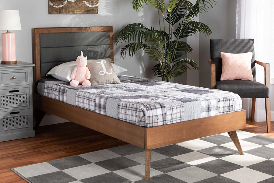 Linn Mid-Century Modern Fabric Upholstered and Finished Wood Platform Bed