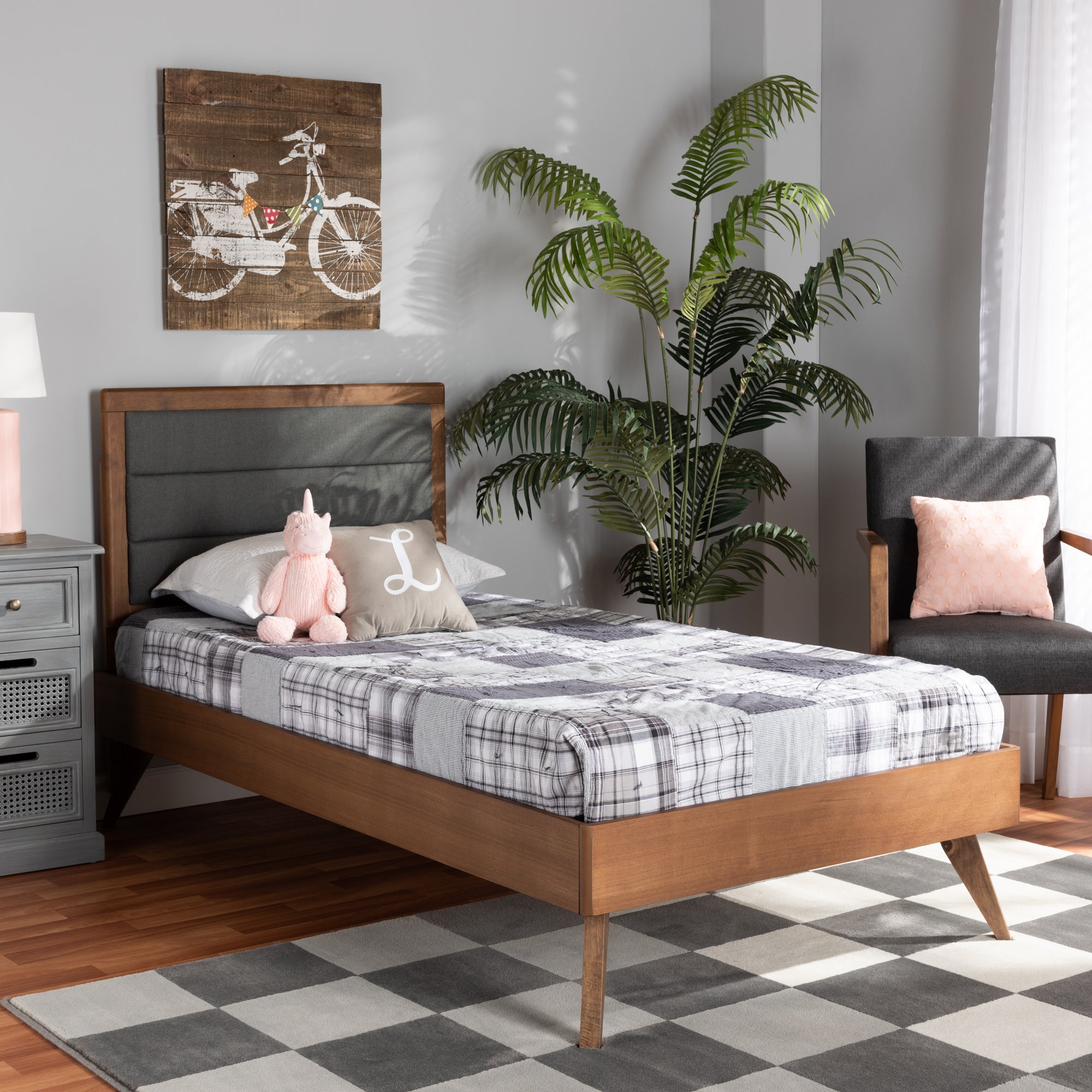 Linn Mid-Century Modern Fabric Upholstered and Finished Wood Platform Bed