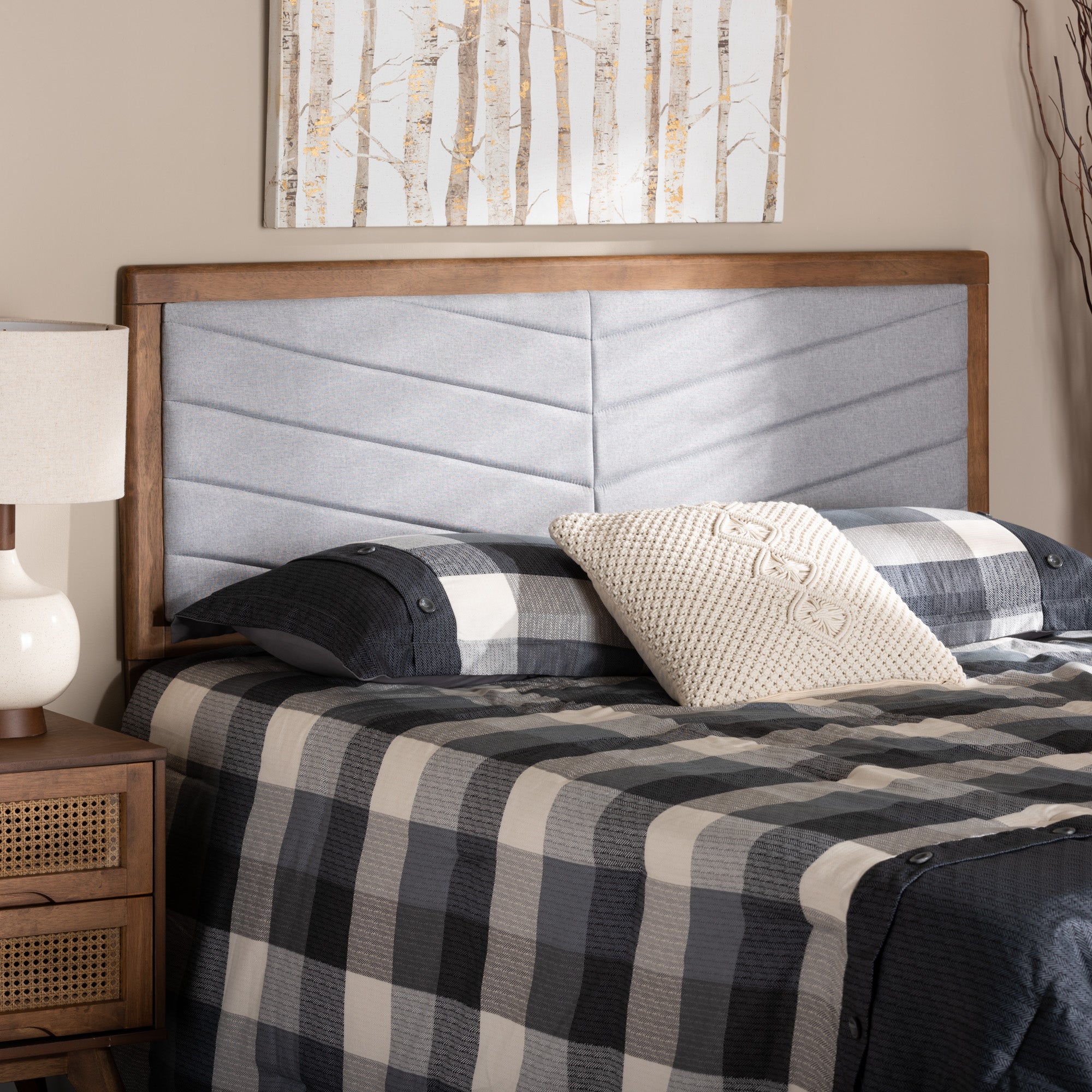 Iden Modern and Contemporary Fabric Upholstered and Finished Wood Headboard