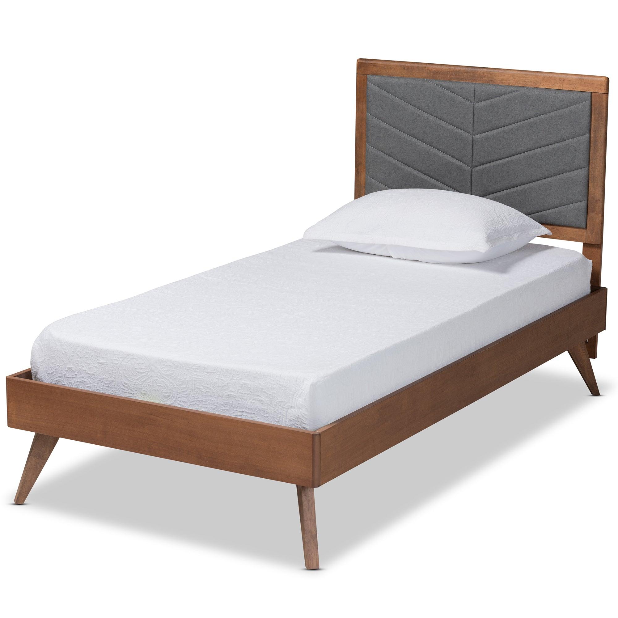 Roze Mid-Century Modern Dark Fabric Upholstered and Finished Wood Platform Bed