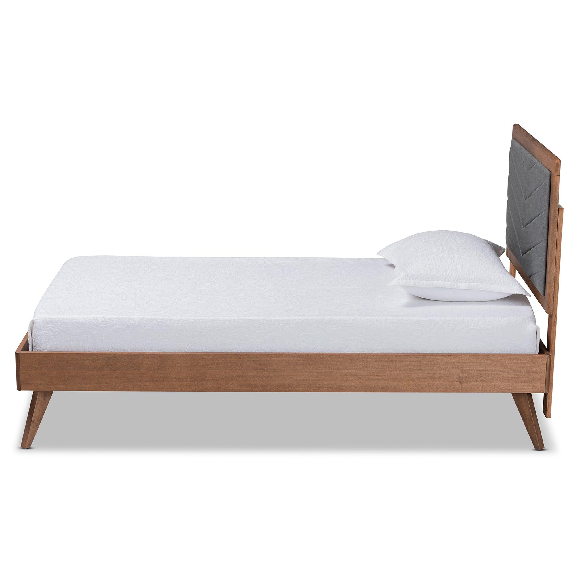 Roze Mid-Century Modern Dark Fabric Upholstered and Finished Wood Platform Bed