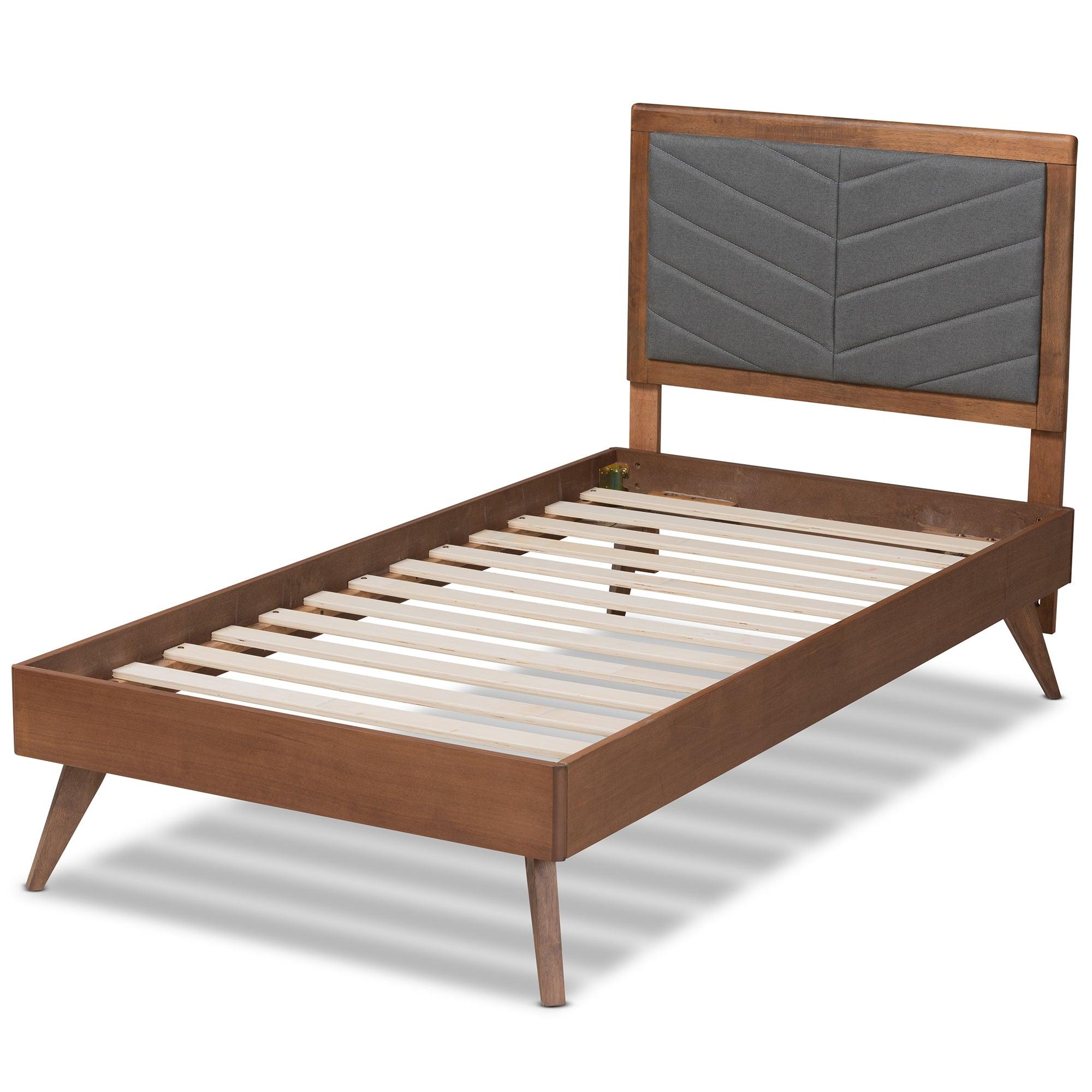 Roze Mid-Century Modern Dark Fabric Upholstered and Finished Wood Platform Bed