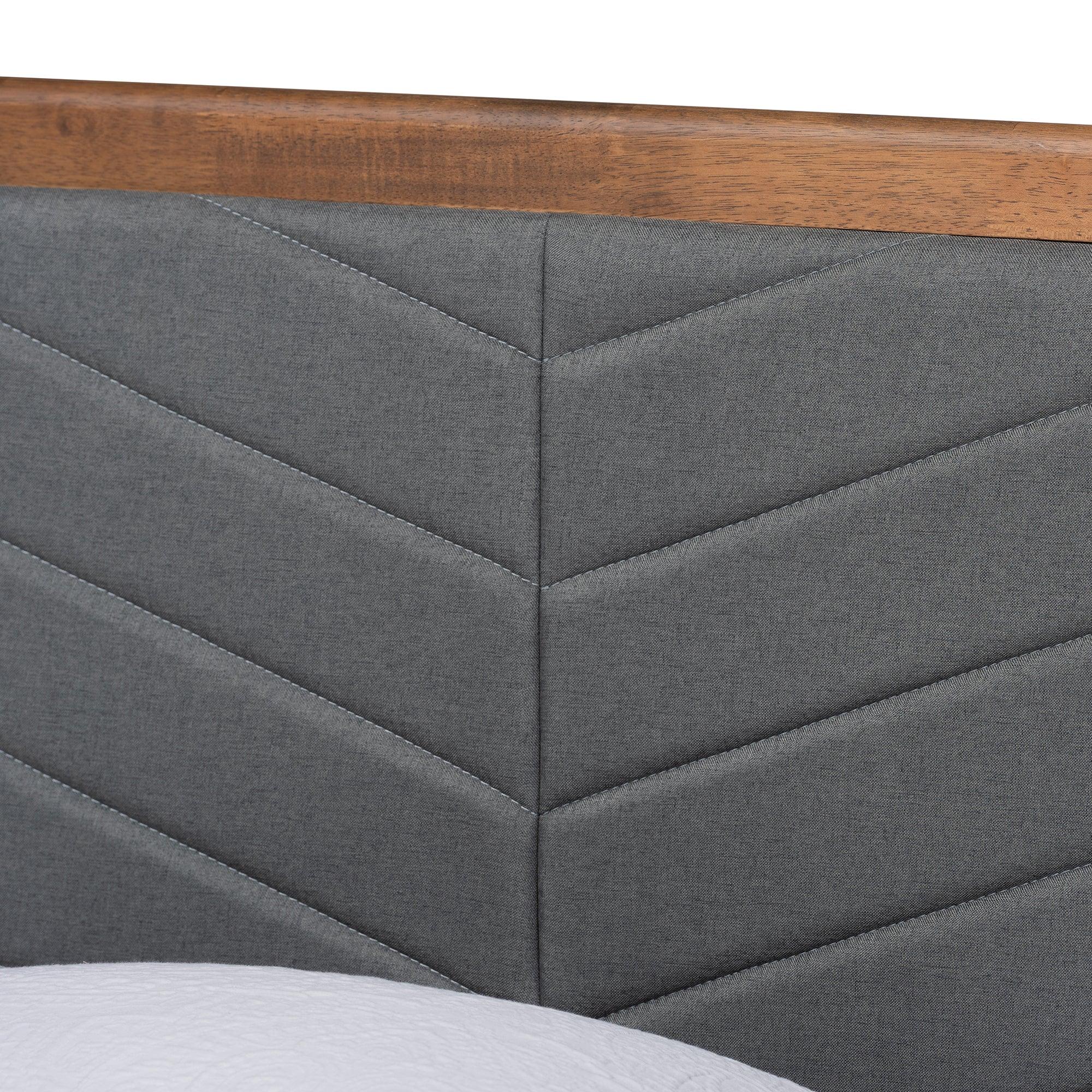 Roze Mid-Century Modern Dark Fabric Upholstered and Finished Wood Platform Bed
