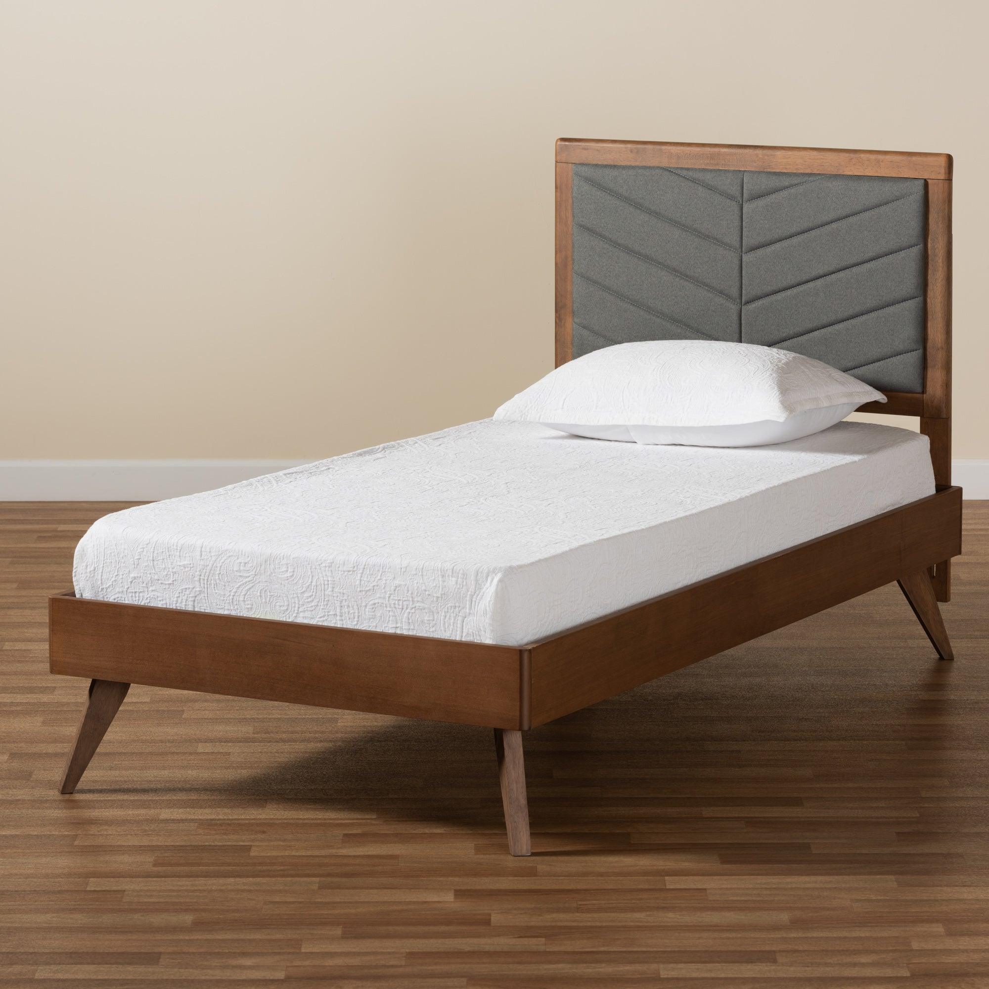 Roze Mid-Century Modern Dark Fabric Upholstered and brown Finished Wood Platform Bed