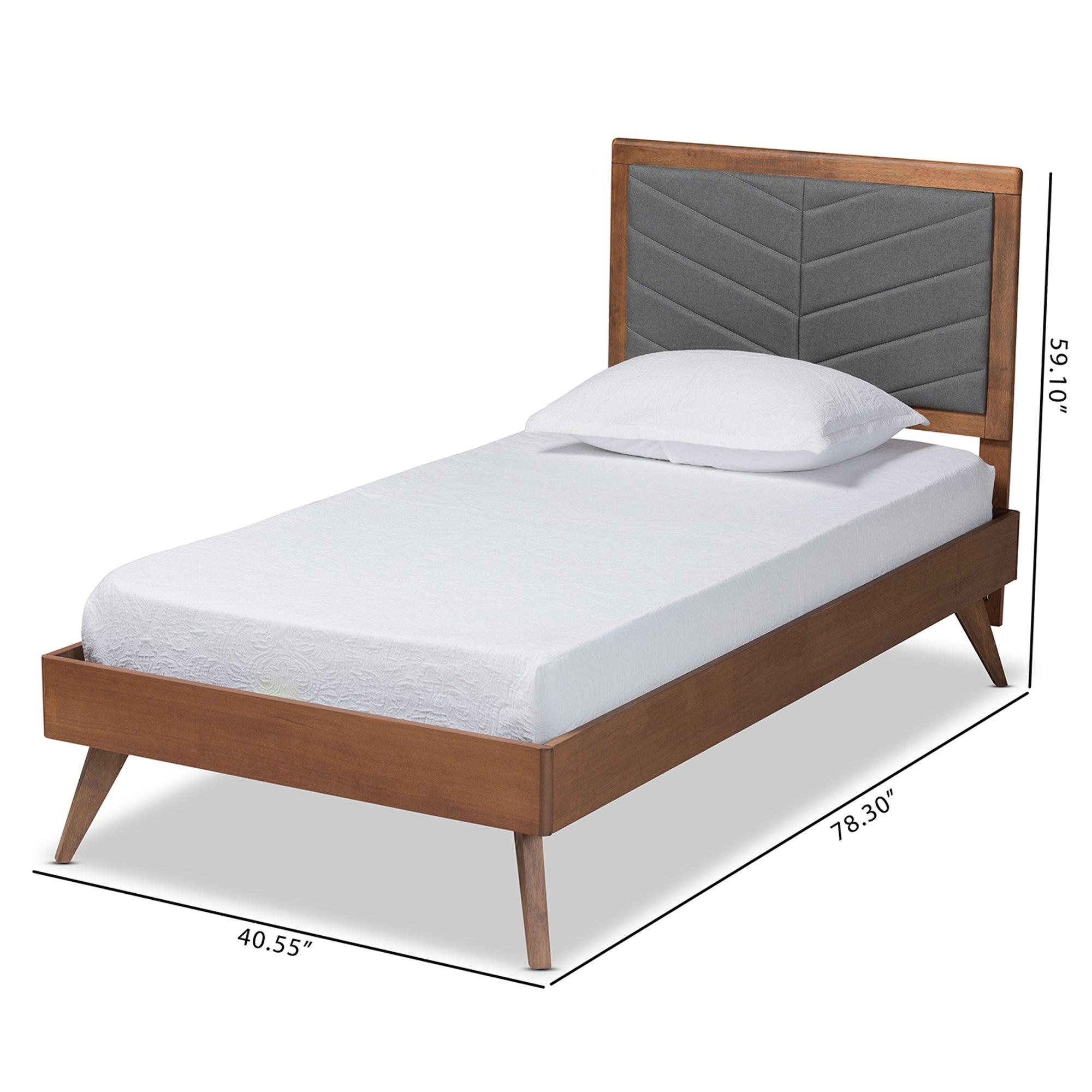 Roze Mid-Century Modern Dark Fabric Upholstered and Finished Wood Platform Bed